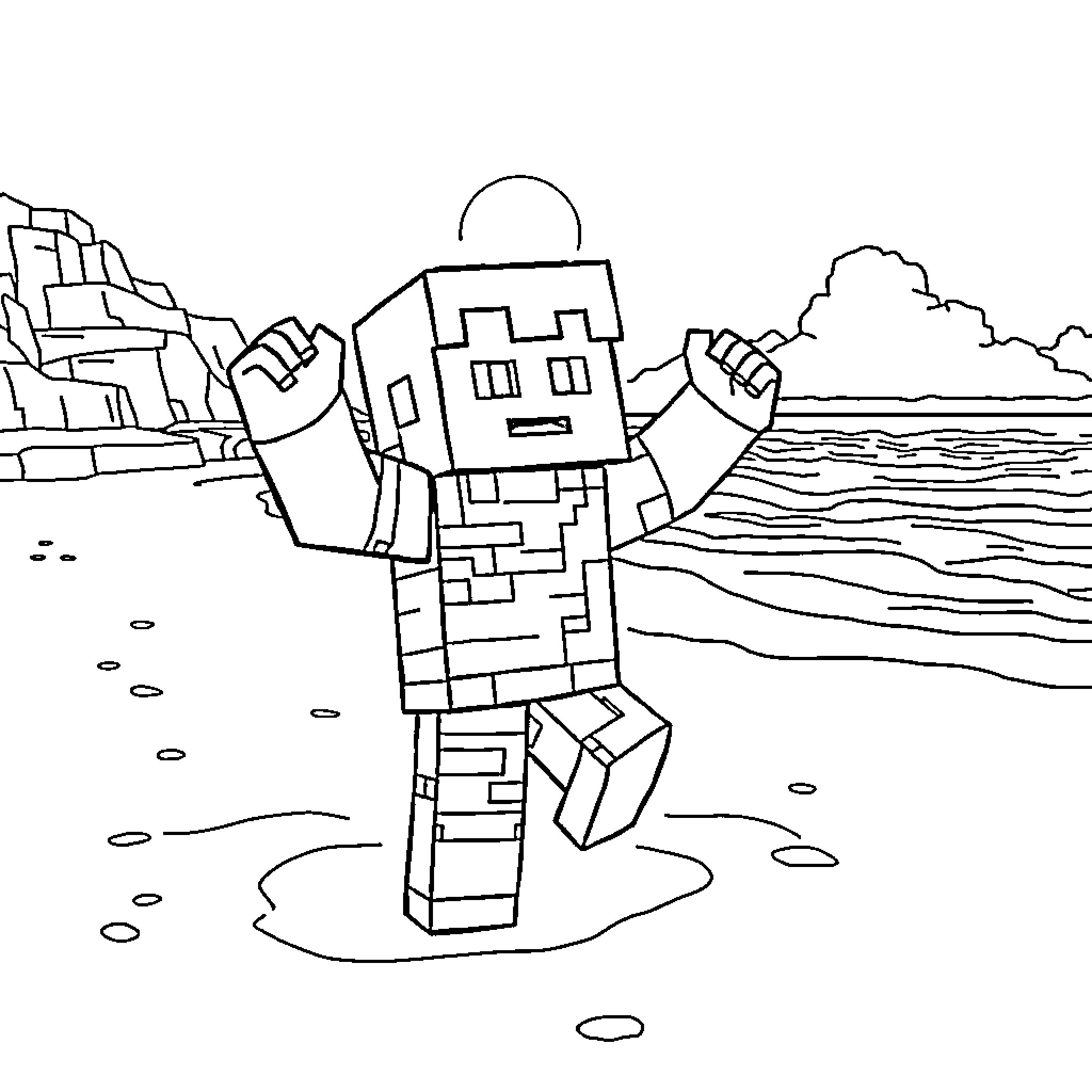 JJ Robotic Figure Exploring the Coastal Landscape Coloring Page (free black-and-white line drawing printable PDF for all, from beginners to advanced learners, including children, teens, adults, and seniors)