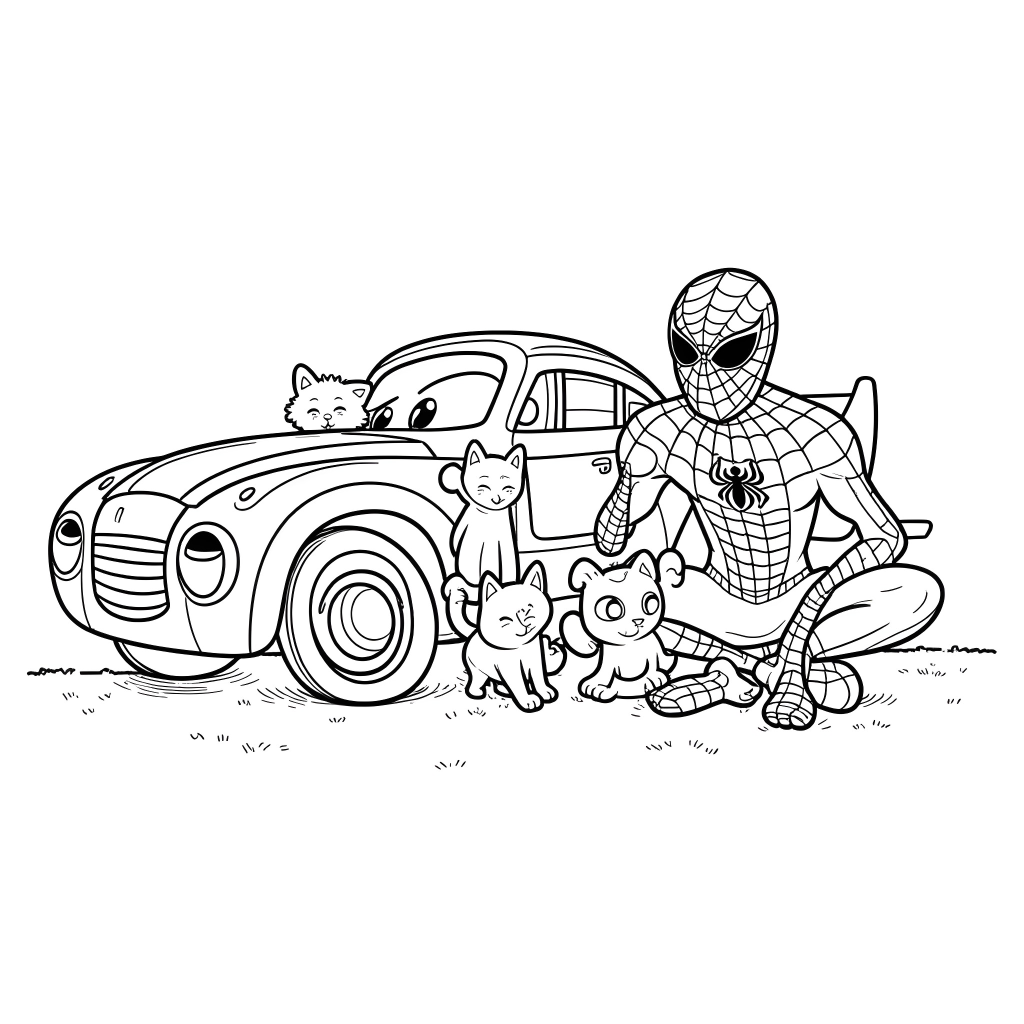 Spiderman and cartoon characters in a playful scene Coloring Page (free black-and-white line drawing printable PDF for all, from beginners to advanced learners, including children, teens, adults, and seniors)