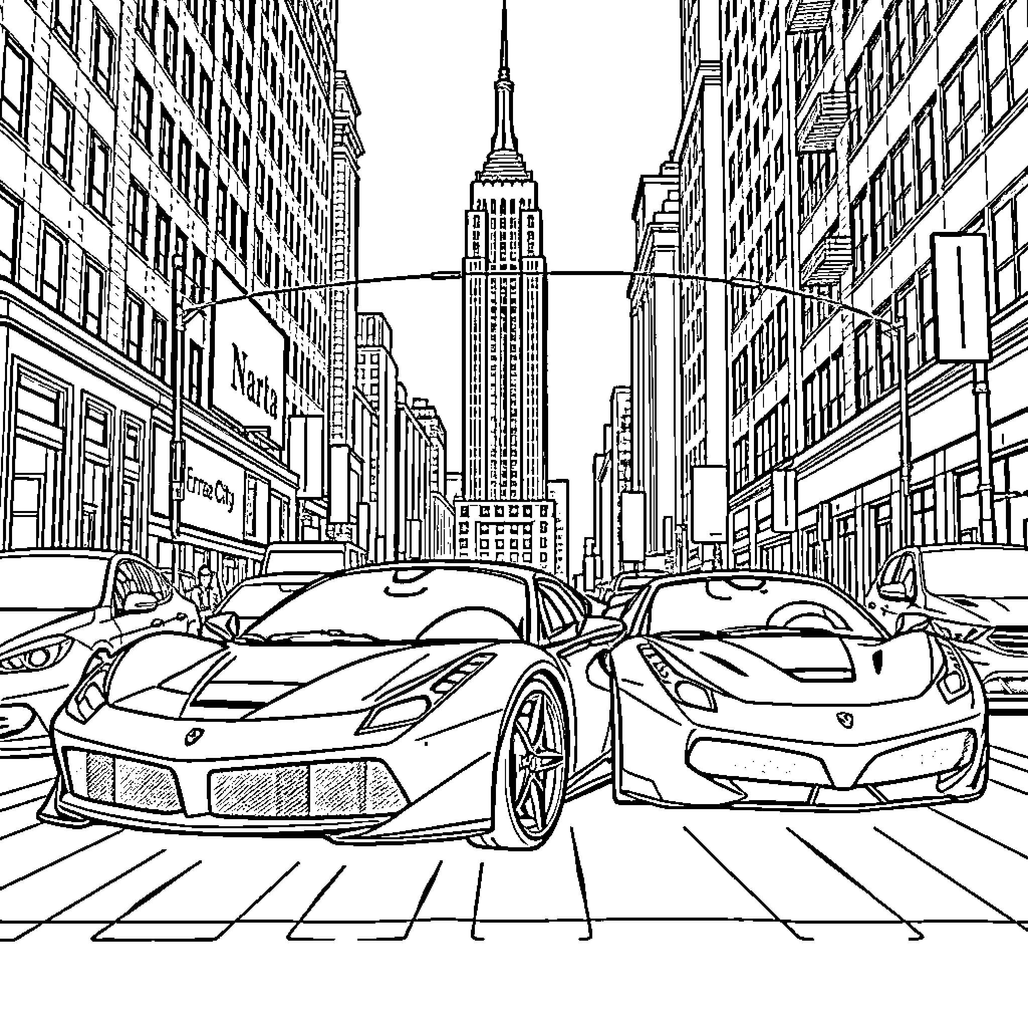 Ferrari supercars on New York City street Coloring Page (free black-and-white line drawing printable PDF for all, from beginners to advanced learners, including children, teens, adults, and seniors)
