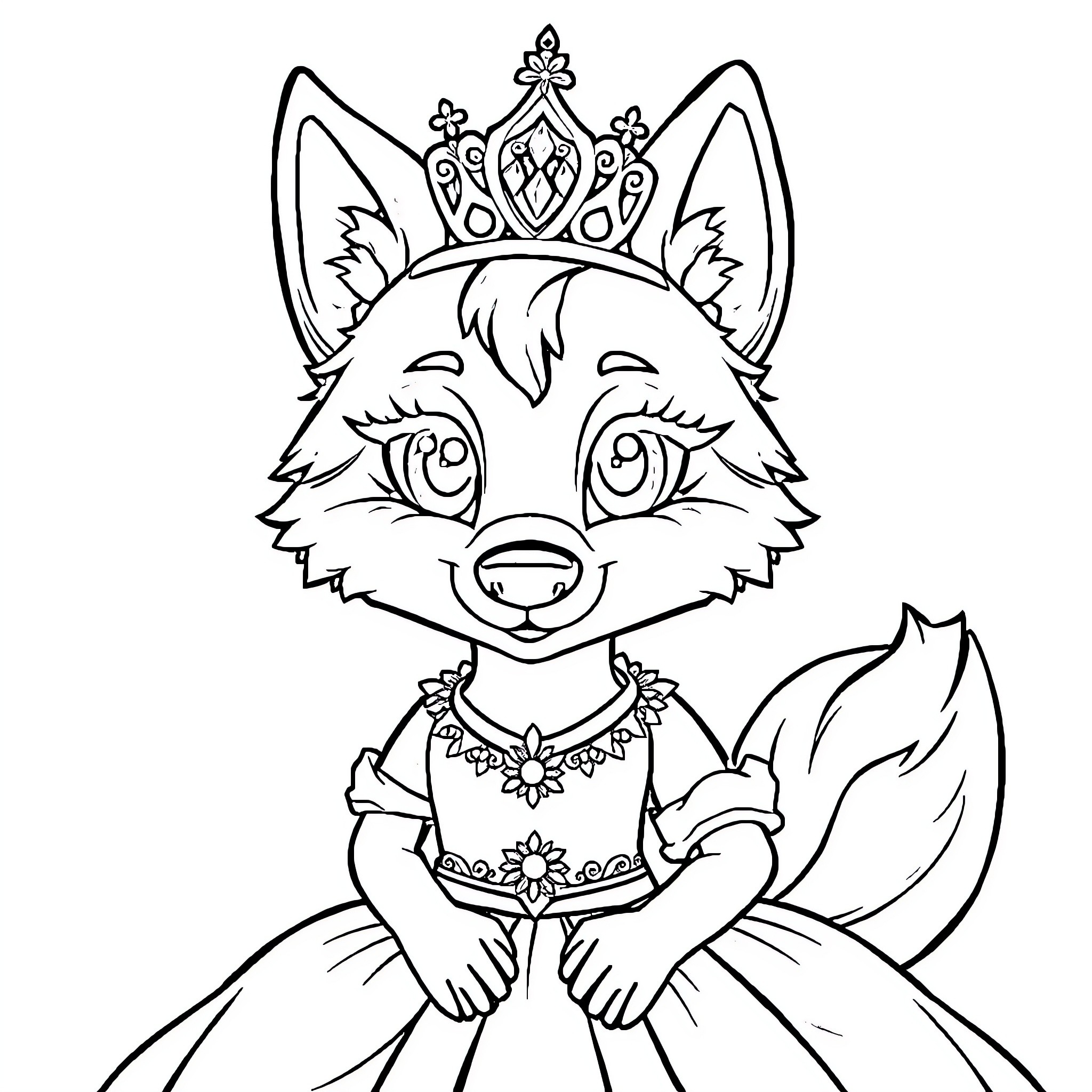 Wolf wearing a crown and fancy dress Coloring Page (free black-and-white line drawing printable PDF for all, from beginners to advanced learners, including children, teens, adults, and seniors)
