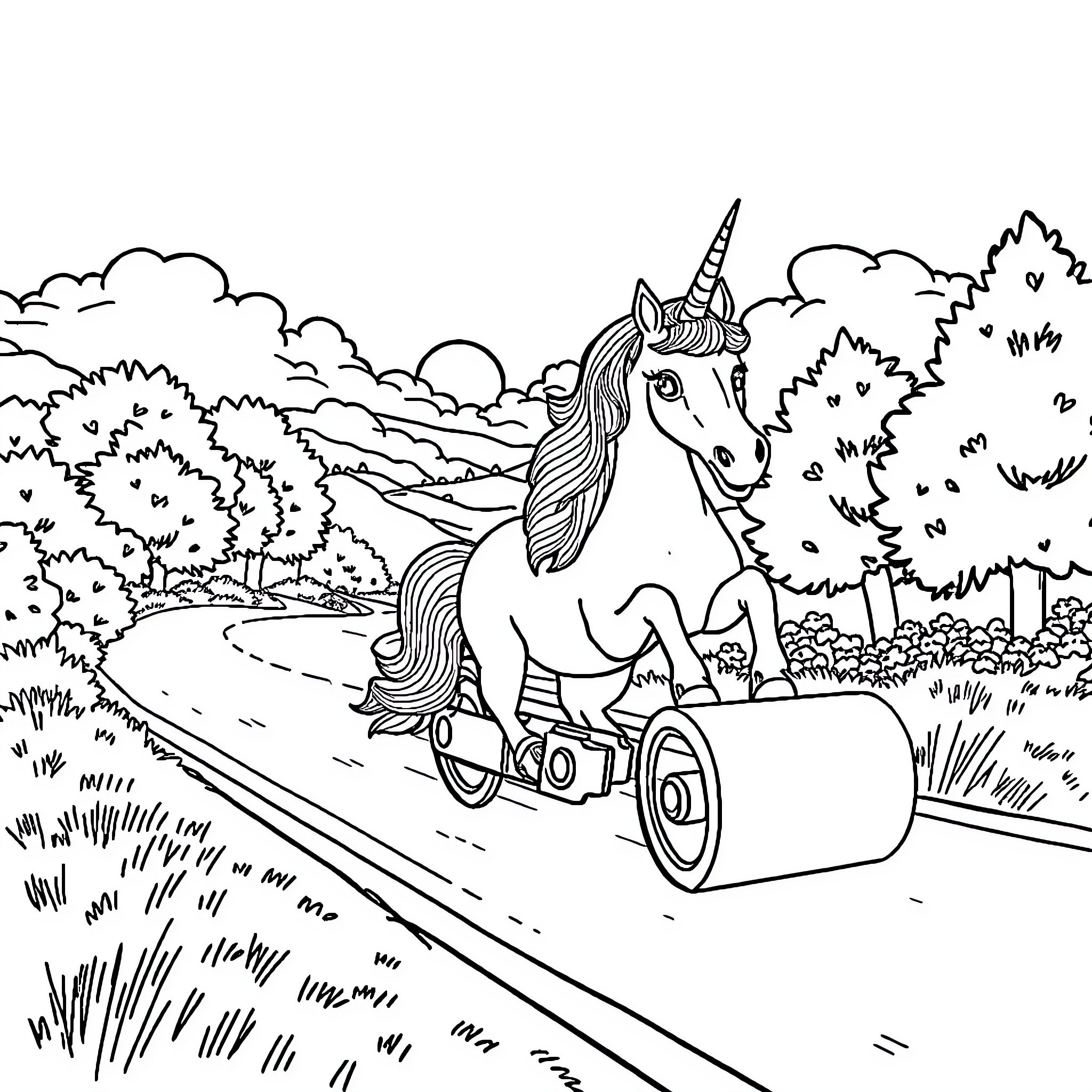 Unicorn riding a roller coaster in a magical forest Coloring Page (free black-and-white line drawing printable PDF for all, from beginners to advanced learners, including children, teens, adults, and seniors)