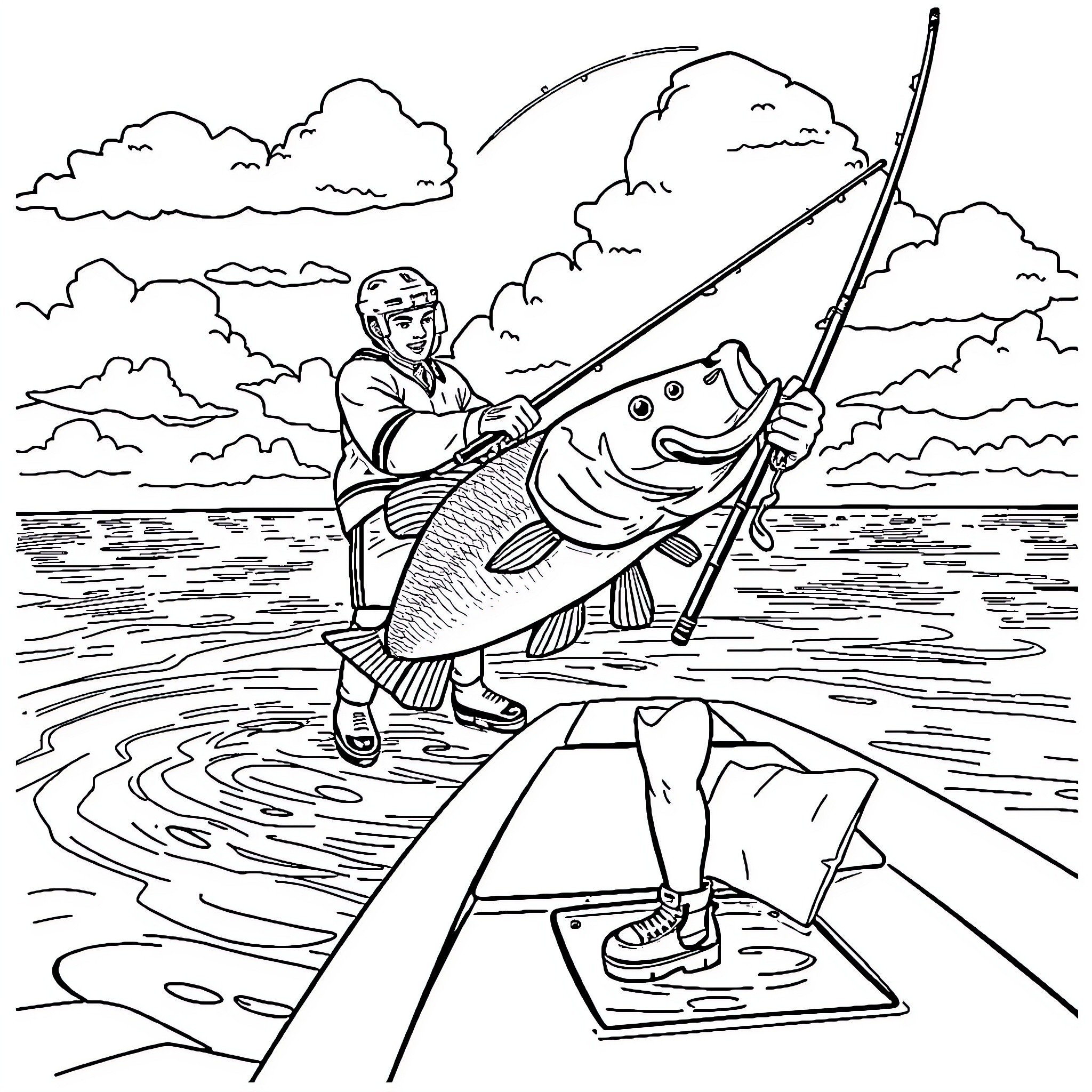 Hockey Player Fishing on a Stormy Lake Coloring Page (free black-and-white line drawing printable PDF for all, from beginners to advanced learners, including children, teens, adults, and seniors)