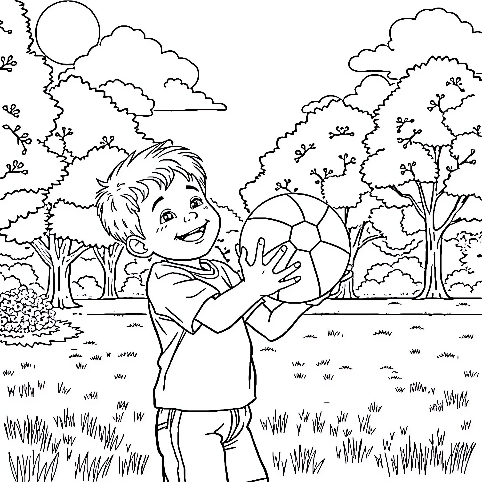Boy playing happily with a soccer ball in the park Coloring Page (free black-and-white line drawing printable PDF for all, from beginners to advanced learners, including children, teens, adults, and seniors)