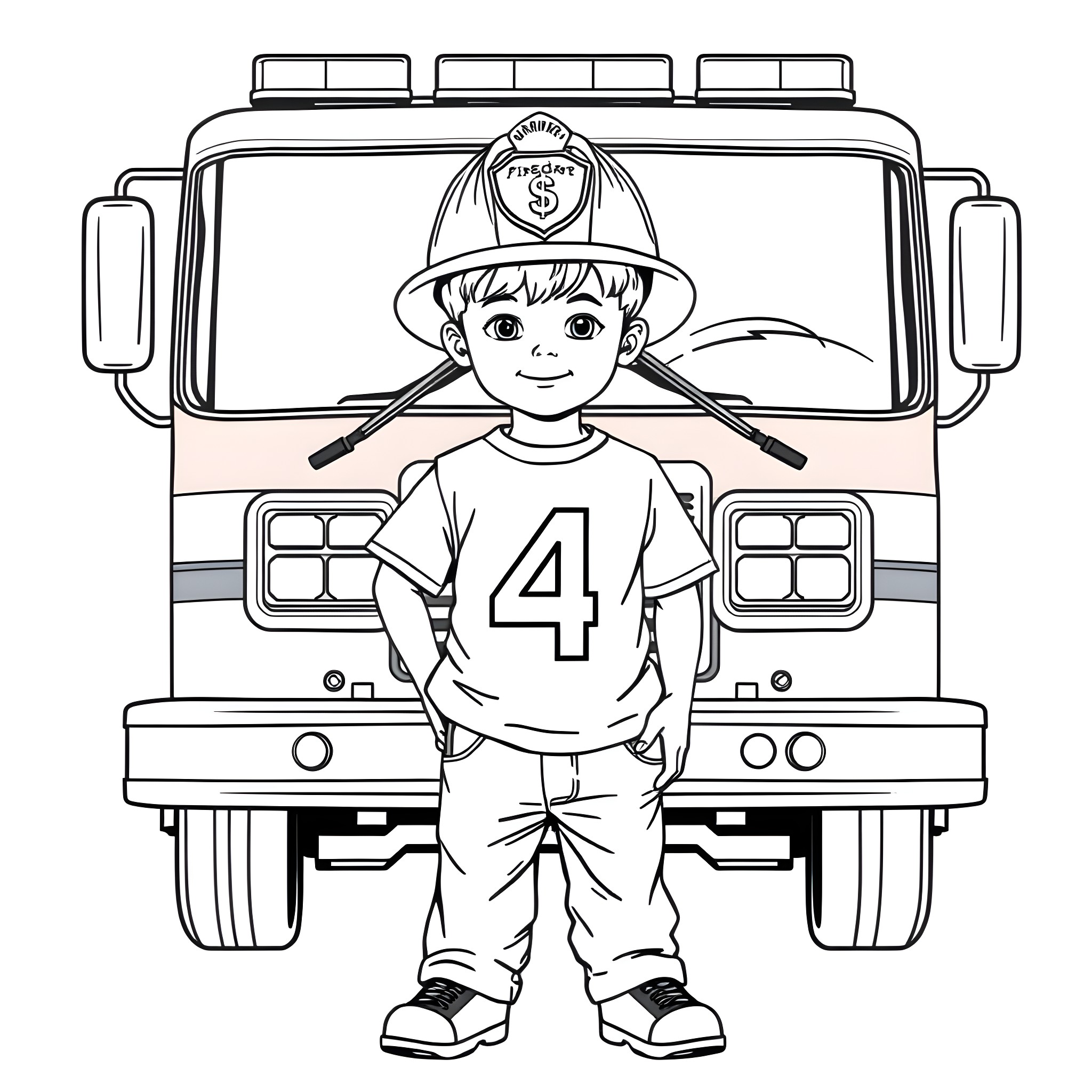 Boy in firefighter uniform standing in front of fire truck Coloring Page (free black-and-white line drawing printable PDF for all, from beginners to advanced learners, including children, teens, adults, and seniors)