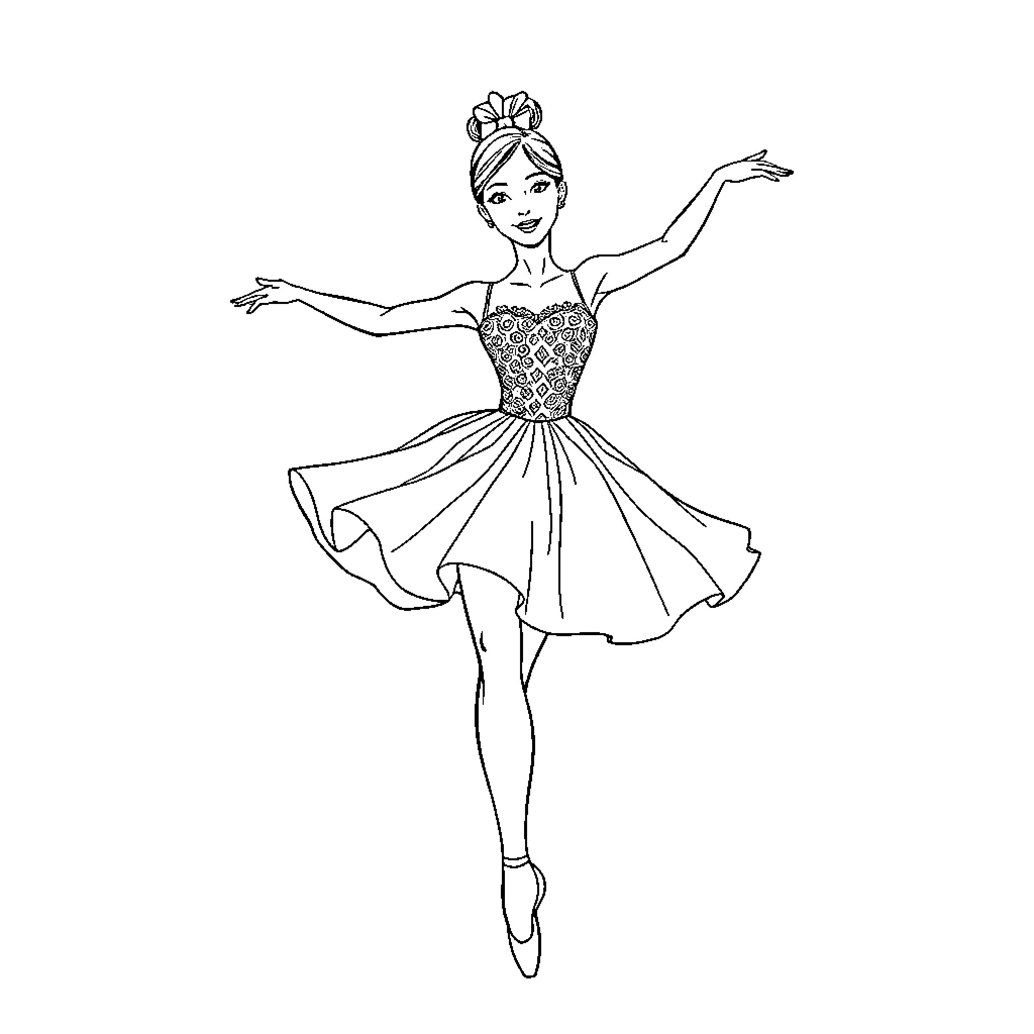 Ballerina performing graceful dance movements Coloring Page (free black-and-white line drawing printable PDF for all, from beginners to advanced learners, including children, teens, adults, and seniors)