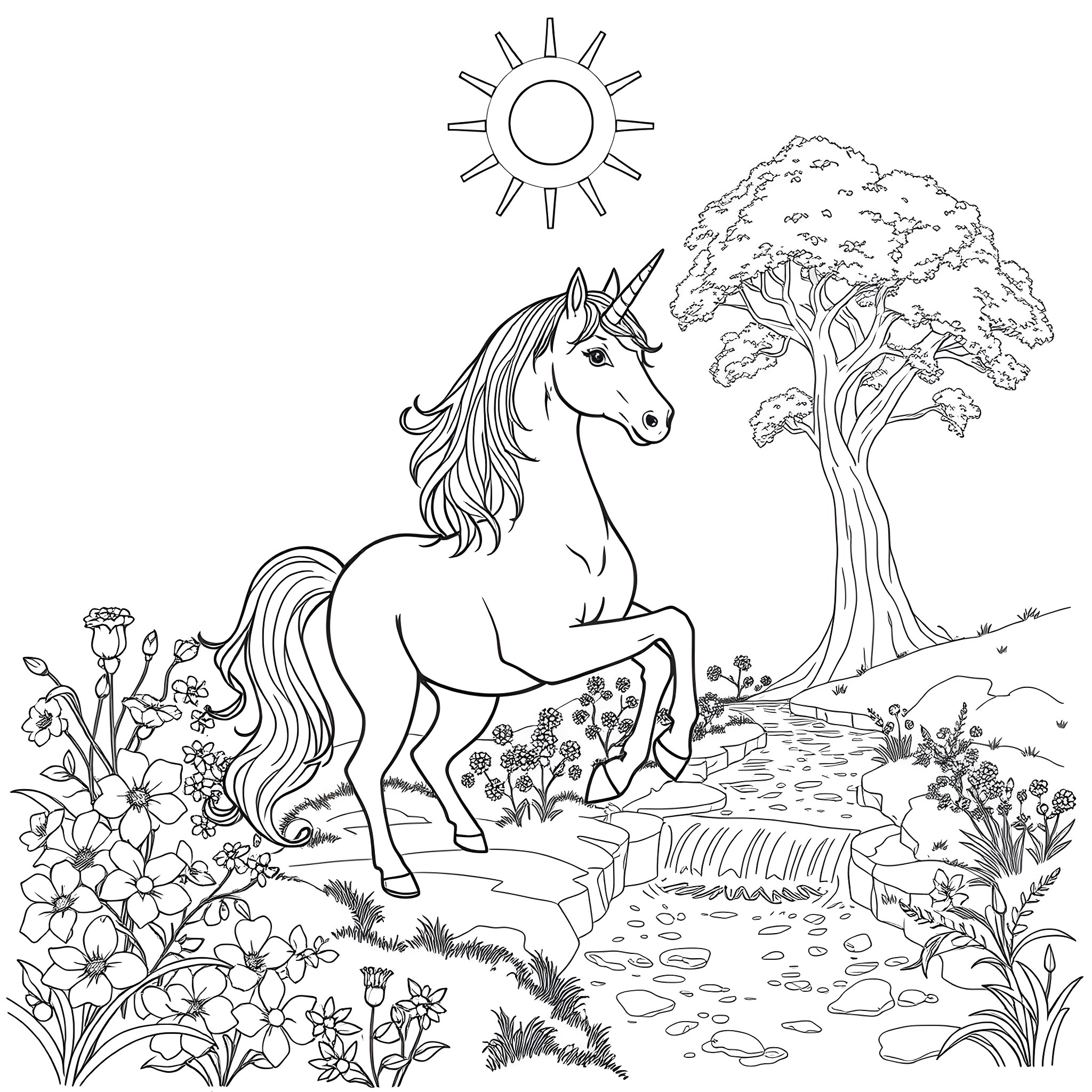 Unicorn standing in a magical forest landscape Coloring Page (free black-and-white line drawing printable PDF for all, from beginners to advanced learners, including children, teens, adults, and seniors)