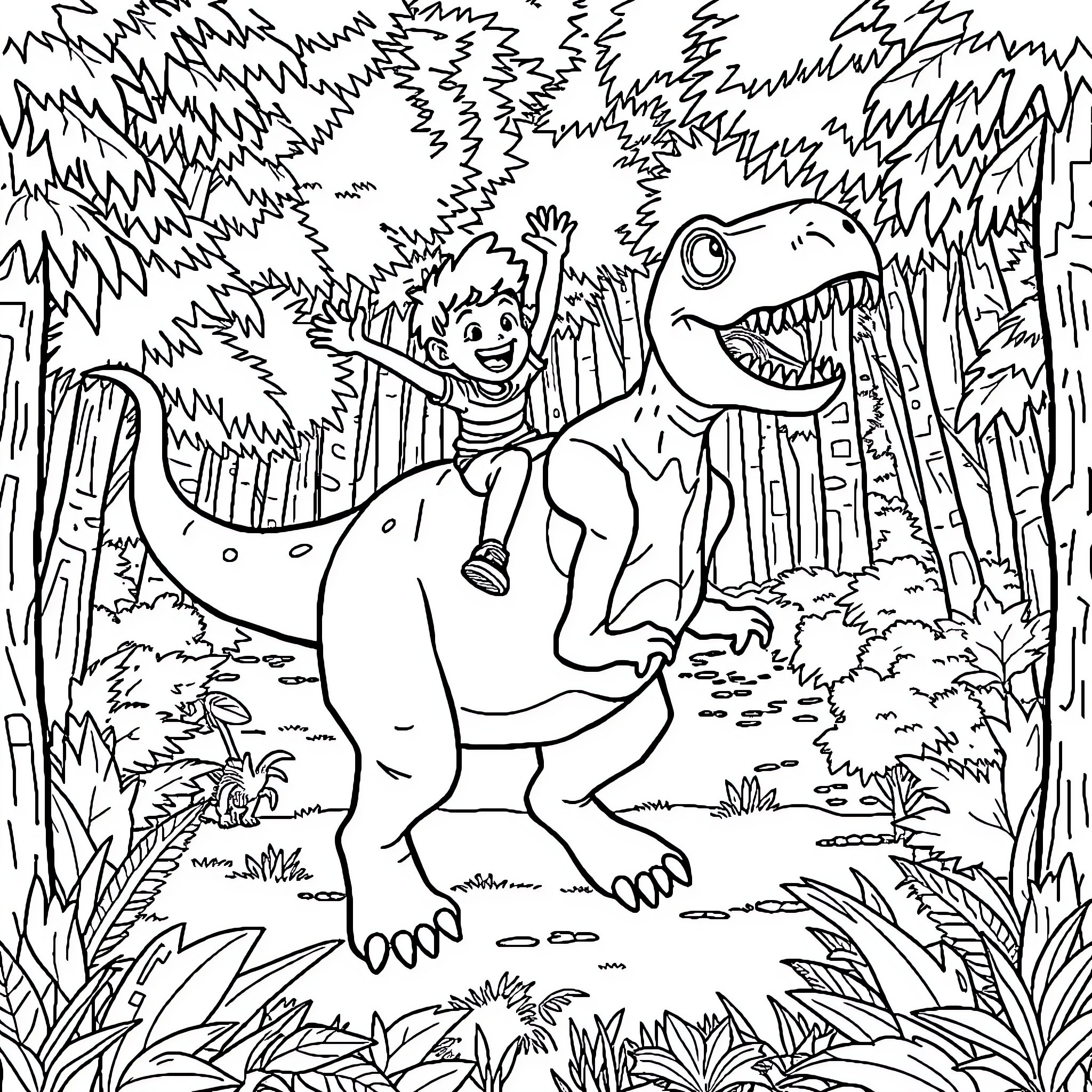 T-Rex and a child exploring the jungle Coloring Page (free black-and-white line drawing printable PDF for all, from beginners to advanced learners, including children, teens, adults, and seniors)