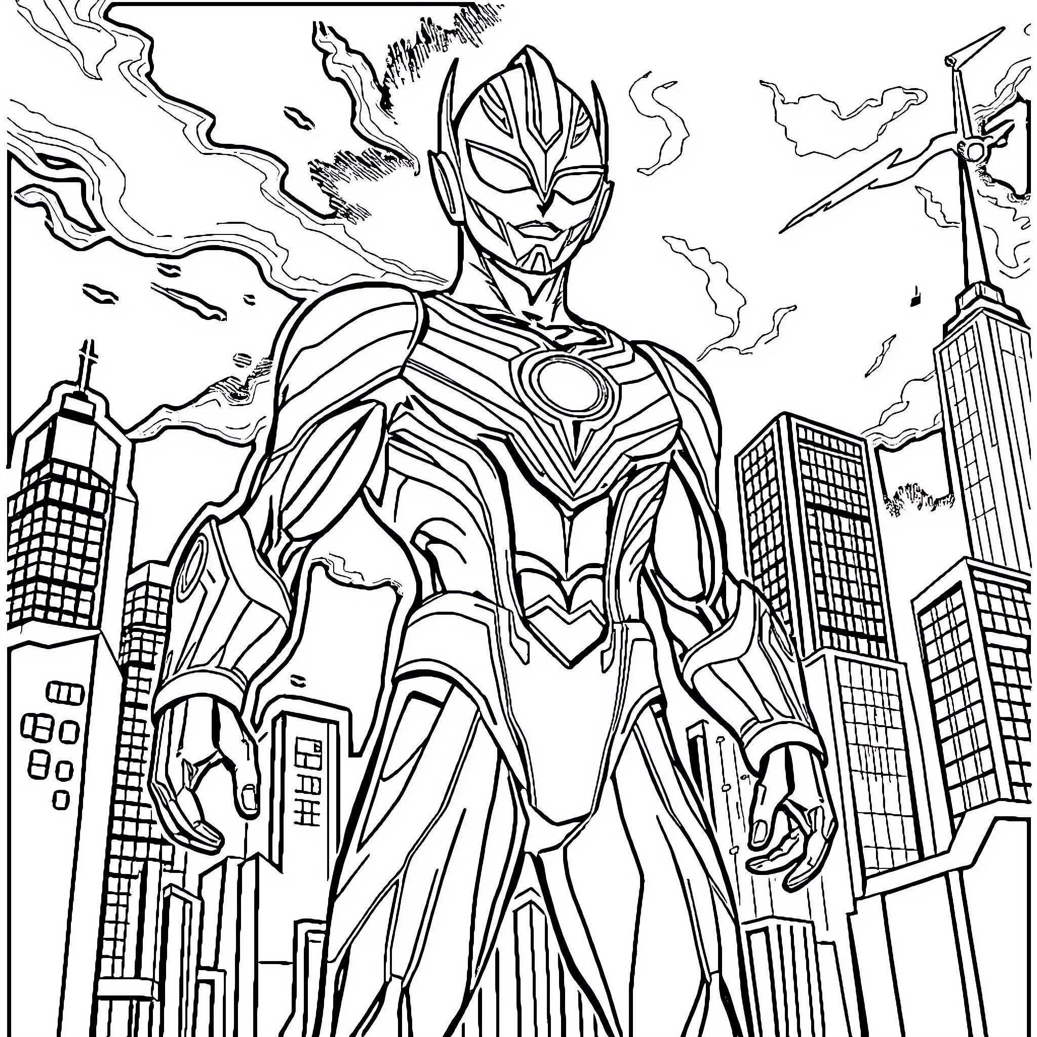 Ultraman Heroically Stands Amidst Cityscape Coloring Page (free black-and-white line drawing printable PDF for all, from beginners to advanced learners, including children, teens, adults, and seniors)