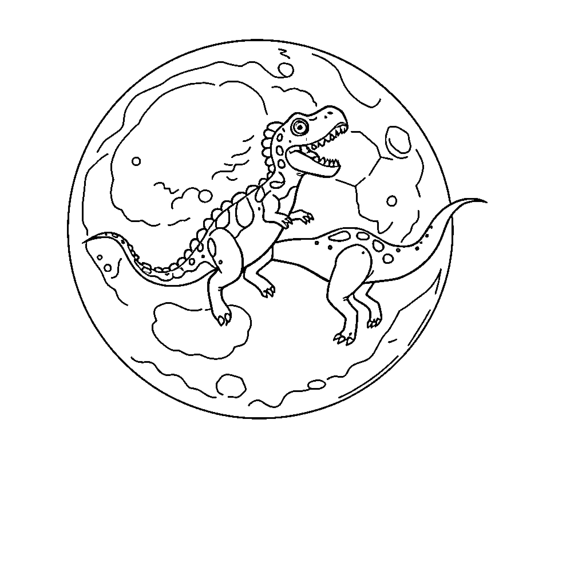 Dinosaur playing joyfully in the lunar landscape Coloring Page (free black-and-white line drawing printable PDF for all, from beginners to advanced learners, including children, teens, adults, and seniors)