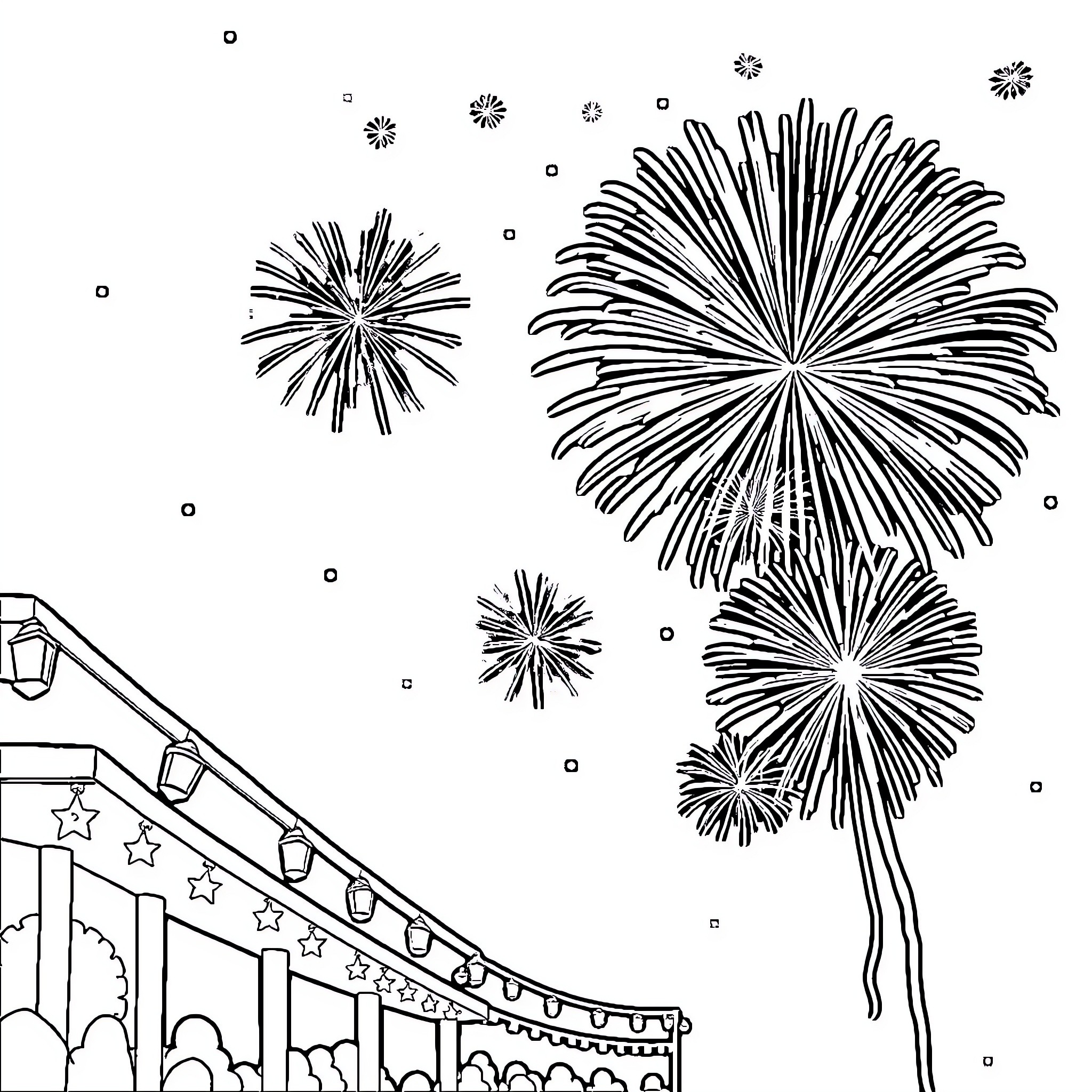 4th Of July Fireworks Display and Celebration Coloring Page (free black-and-white line drawing printable PDF for all, from beginners to advanced learners, including children, teens, adults, and seniors)
