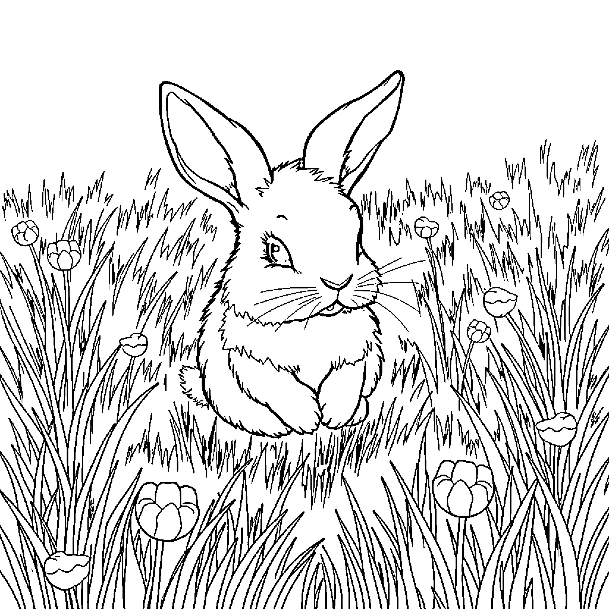 Rabbit hiding in the grassy field Coloring Page (free black-and-white line drawing printable PDF for all, from beginners to advanced learners, including children, teens, adults, and seniors)