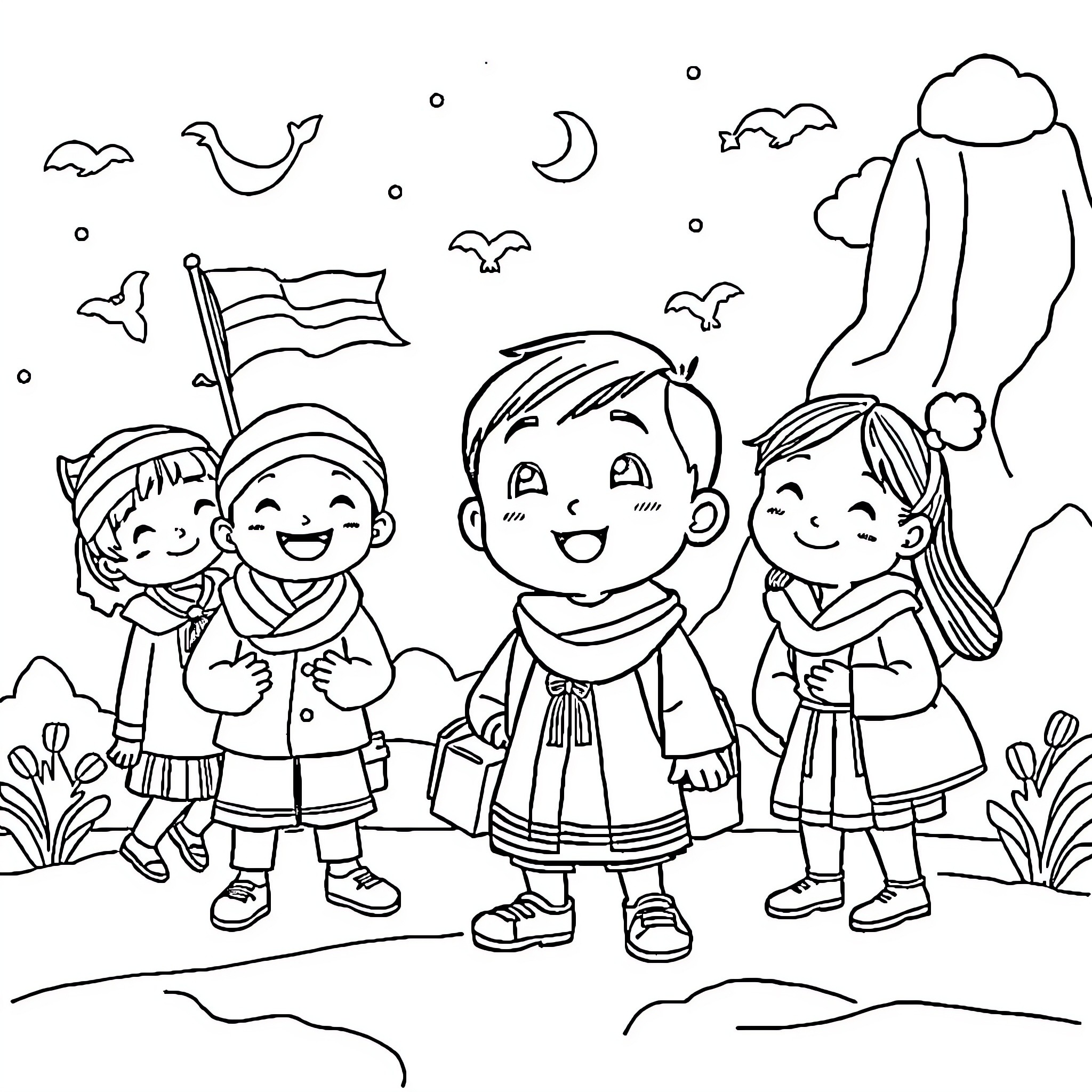 Kid Playing Happily with Friends in a Park Coloring Page (free black-and-white line drawing printable PDF for all, from beginners to advanced learners, including children, teens, adults, and seniors)