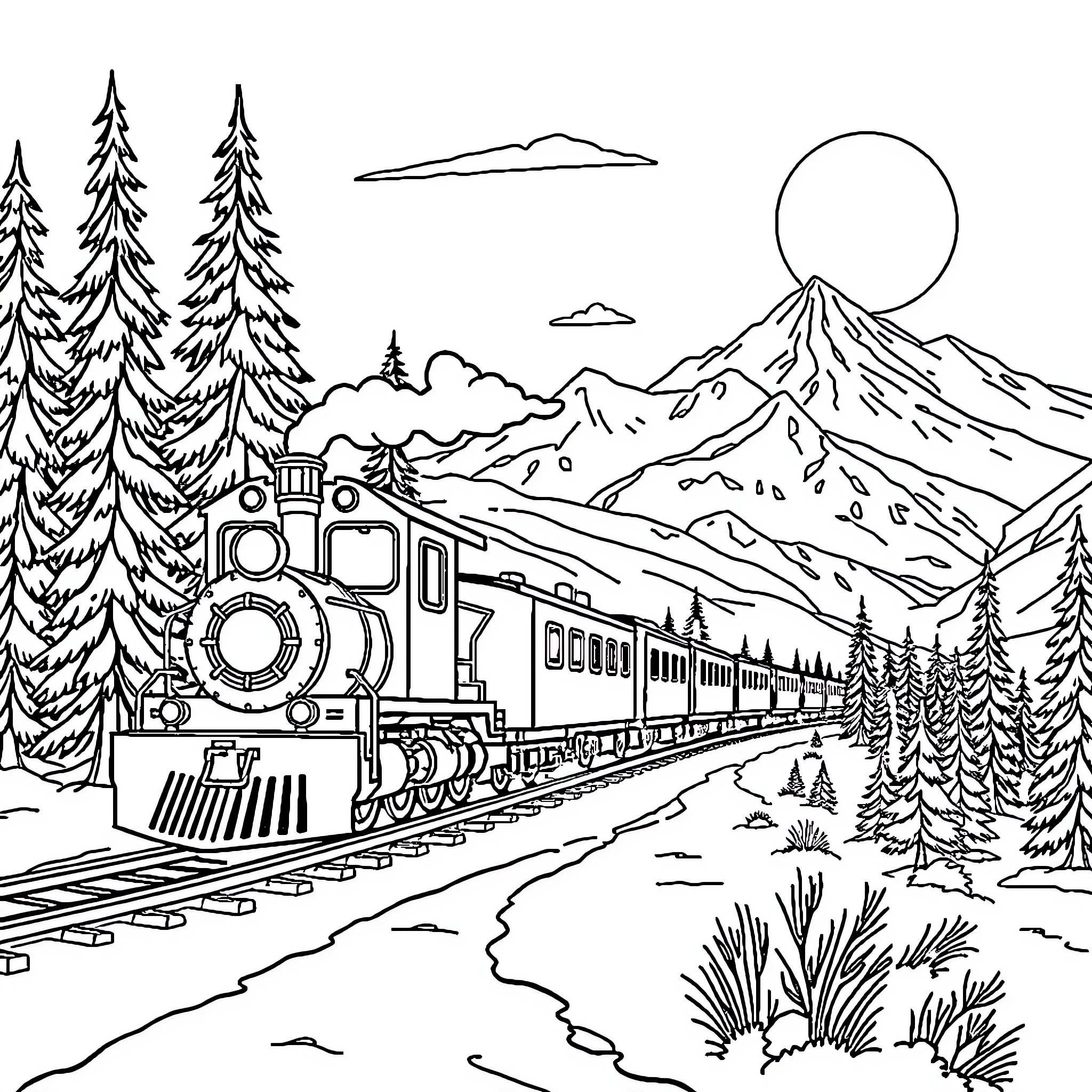 Train traveling through snowy mountain landscape Coloring Page (free black-and-white line drawing printable PDF for all, from beginners to advanced learners, including children, teens, adults, and seniors)
