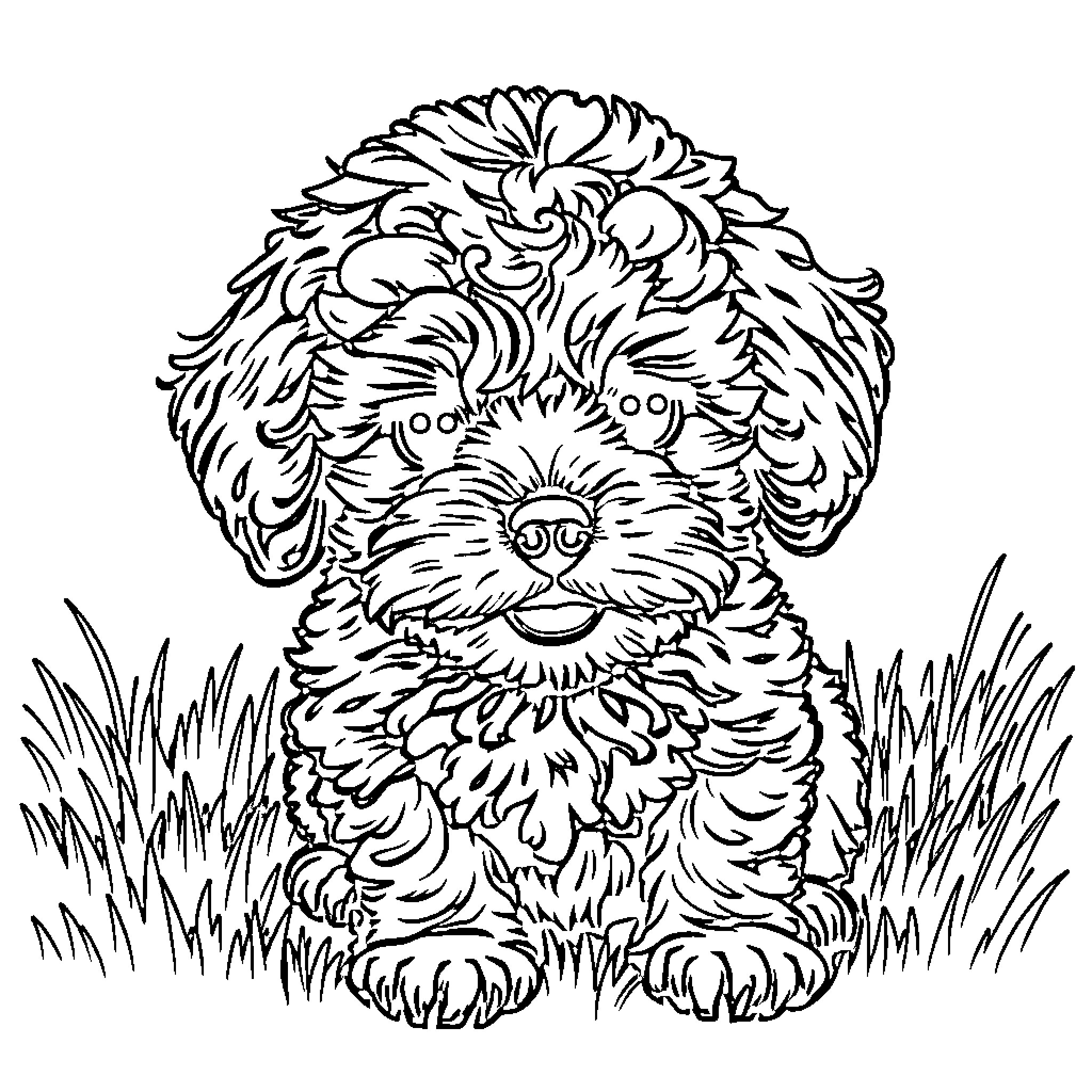 Cavapoo puppy frolicking in the grass Coloring Page (free black-and-white line drawing printable PDF for all, from beginners to advanced learners, including children, teens, adults, and seniors)