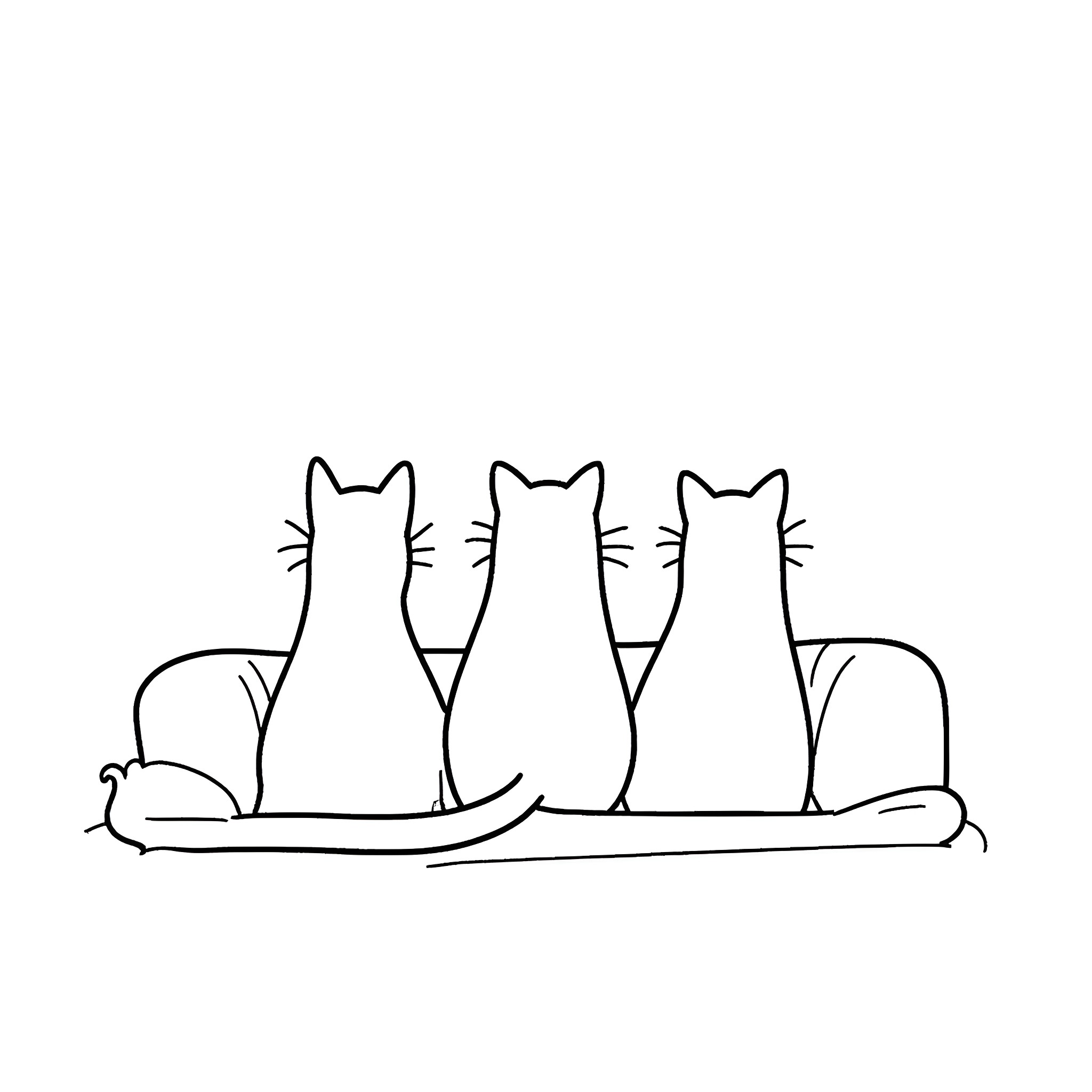 Cats sitting together in a row Coloring Page (free black-and-white line drawing printable PDF for all, from beginners to advanced learners, including children, teens, adults, and seniors)