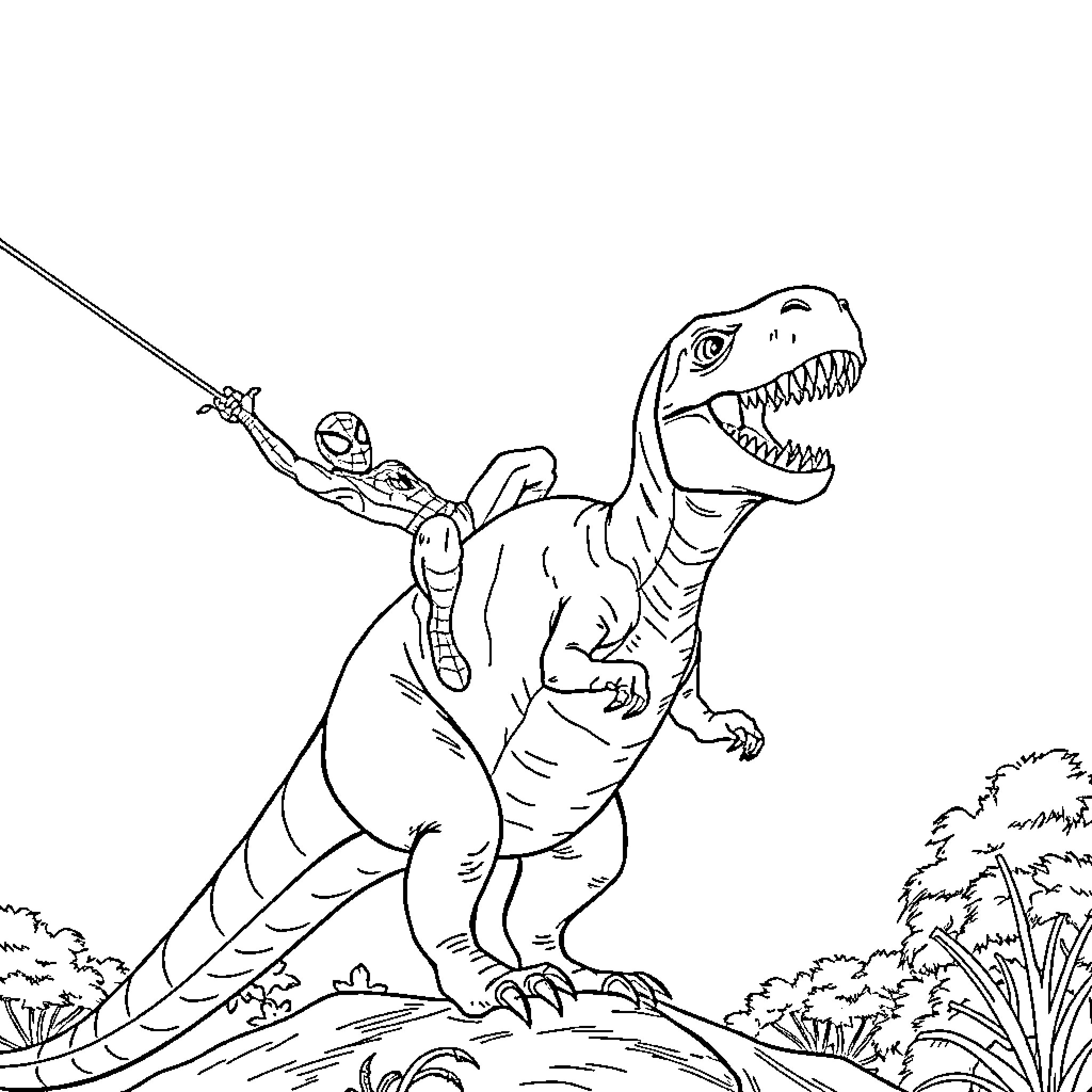 Spiderman battles a fierce dinosaur Coloring Page (free black-and-white line drawing printable PDF for all, from beginners to advanced learners, including children, teens, adults, and seniors)