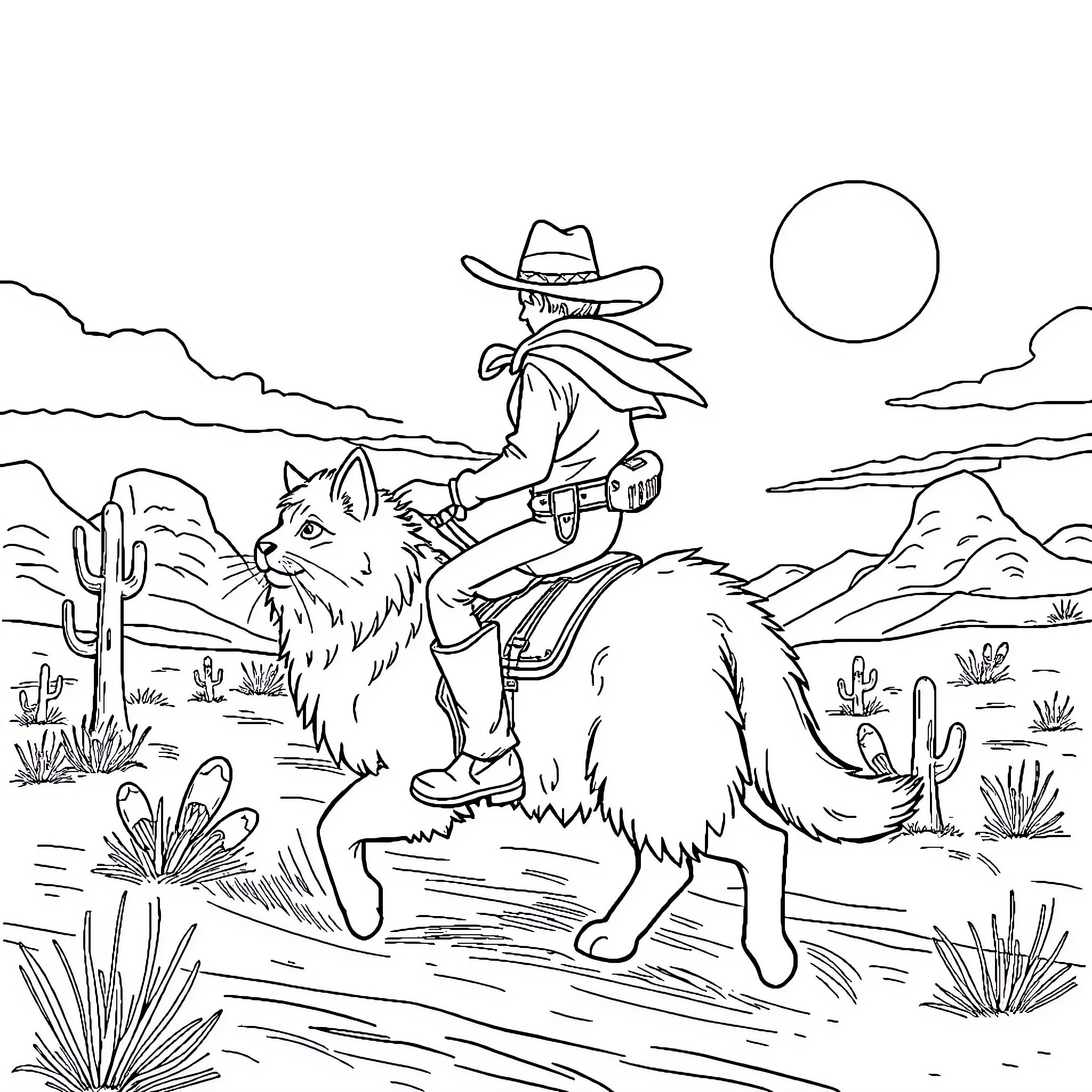 Cowboy riding a furry steed through the desert landscape Coloring Page (free black-and-white line drawing printable PDF for all, from beginners to advanced learners, including children, teens, adults, and seniors)