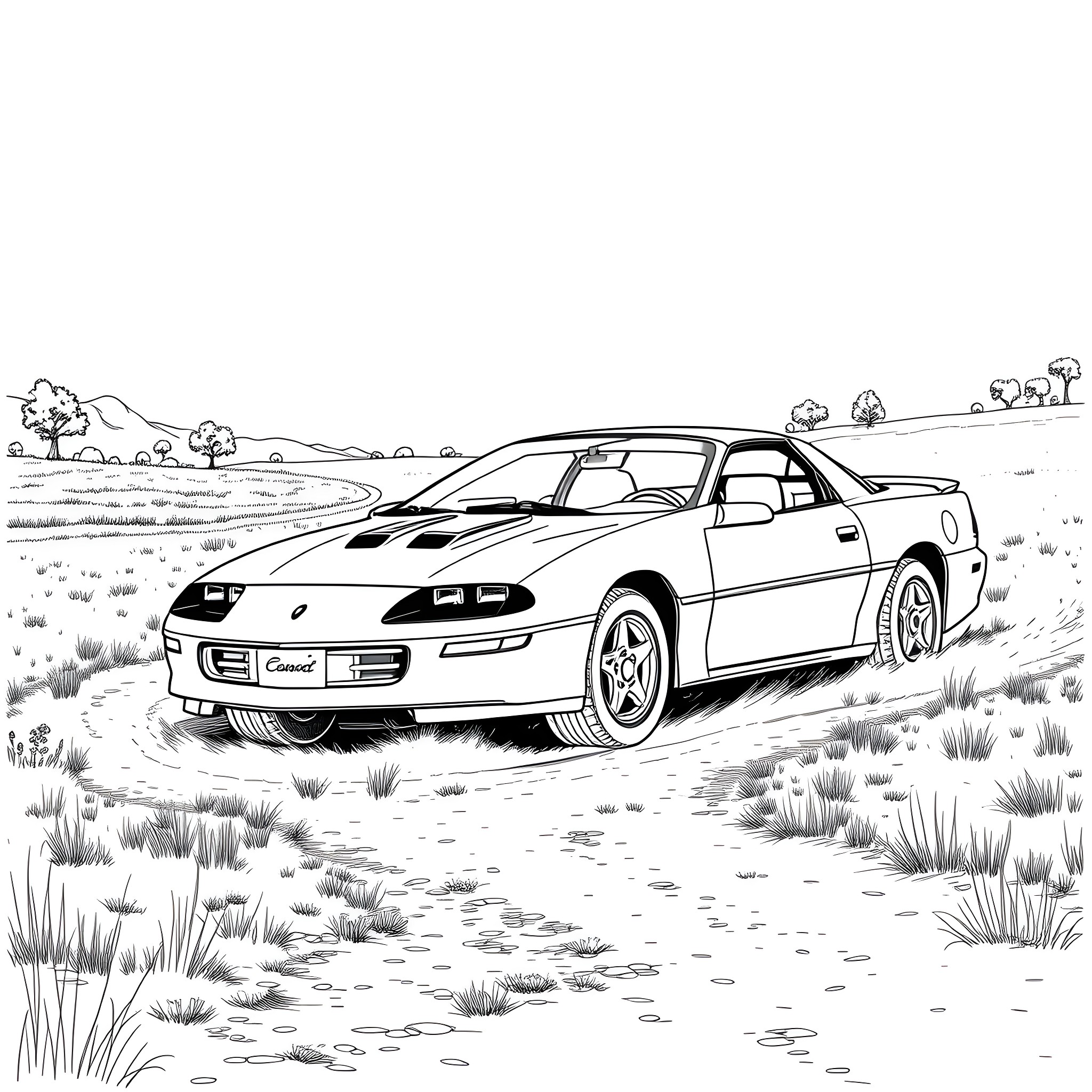 Chevrolet Camaro racing through countryside landscape Coloring Page (free black-and-white line drawing printable PDF for all, from beginners to advanced learners, including children, teens, adults, and seniors)