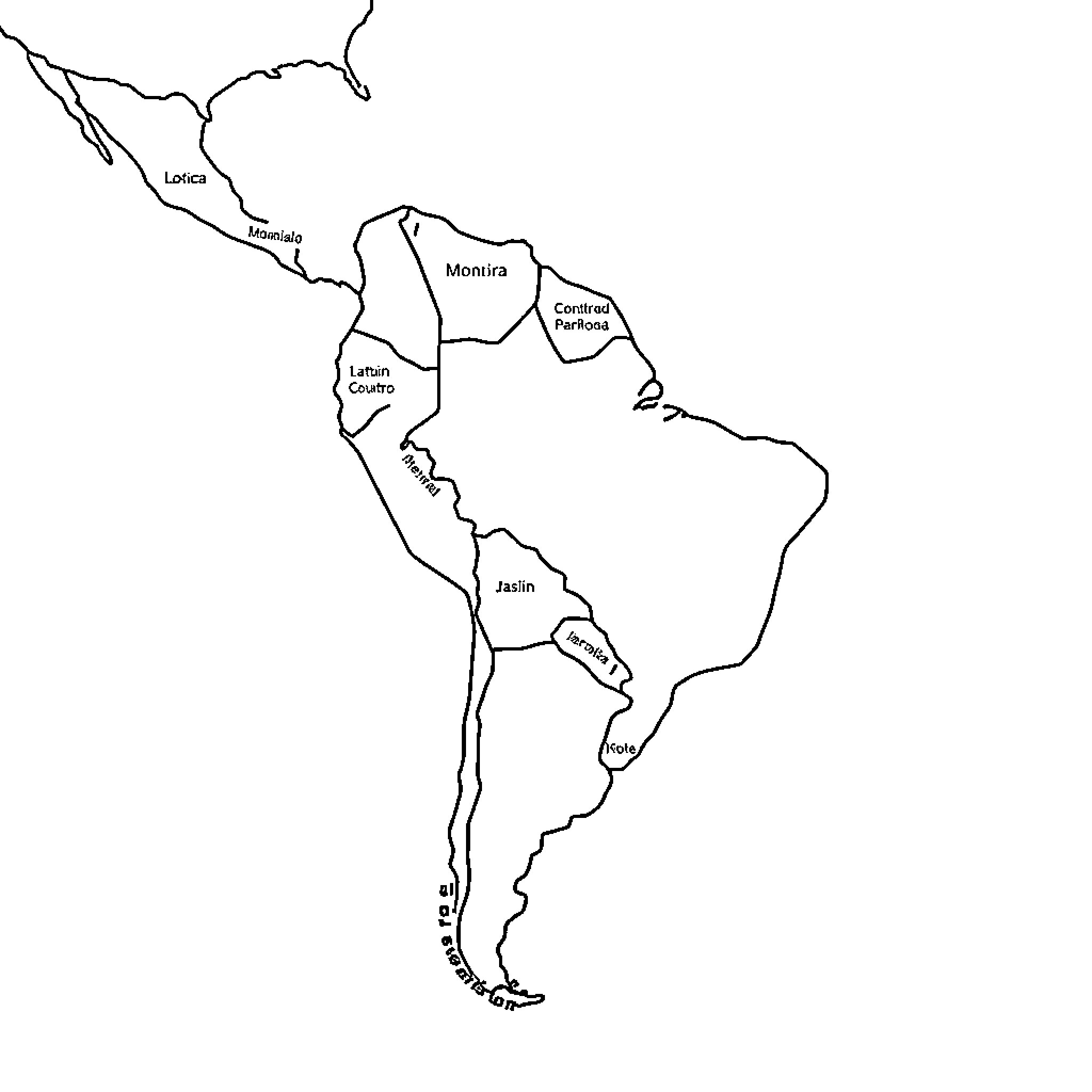 Map of geographical regions in Latin America Coloring Page (free black-and-white line drawing printable PDF for all, from beginners to advanced learners, including children, teens, adults, and seniors)