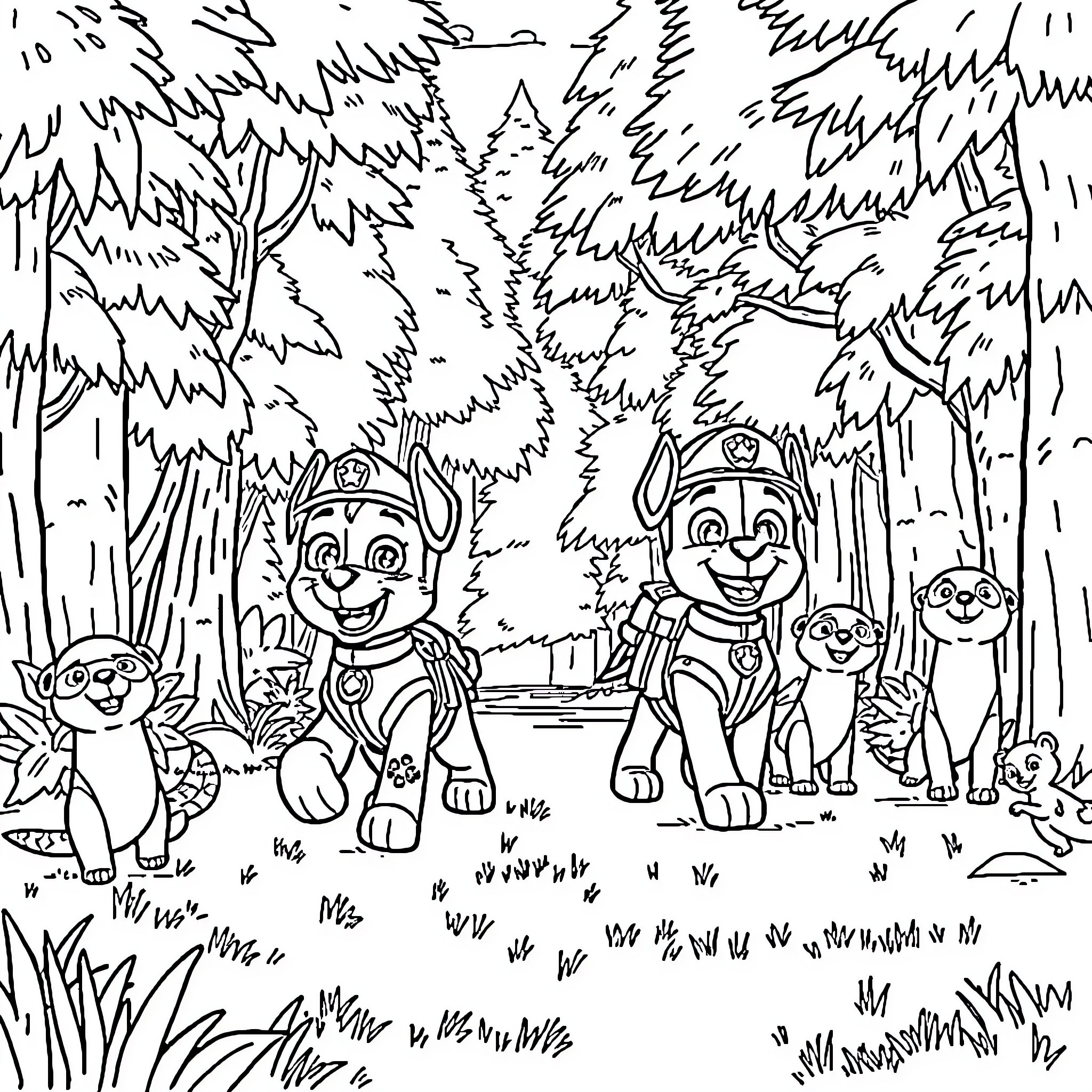 Paw Patrol characters exploring the forest Coloring Page (free black-and-white line drawing printable PDF for all, from beginners to advanced learners, including children, teens, adults, and seniors)