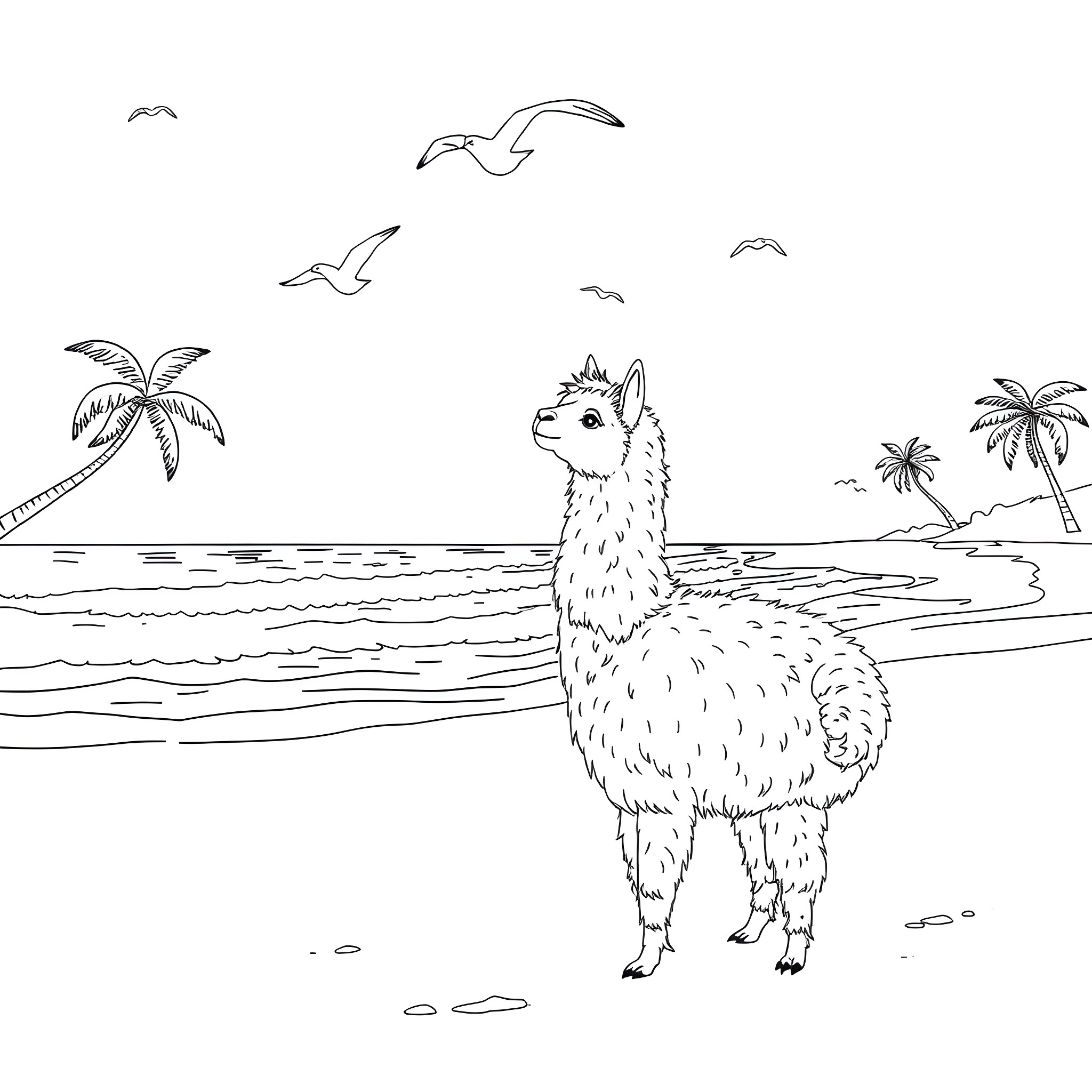 Alpaca enjoying the beach scenery Coloring Page (free black-and-white line drawing printable PDF for all, from beginners to advanced learners, including children, teens, adults, and seniors)