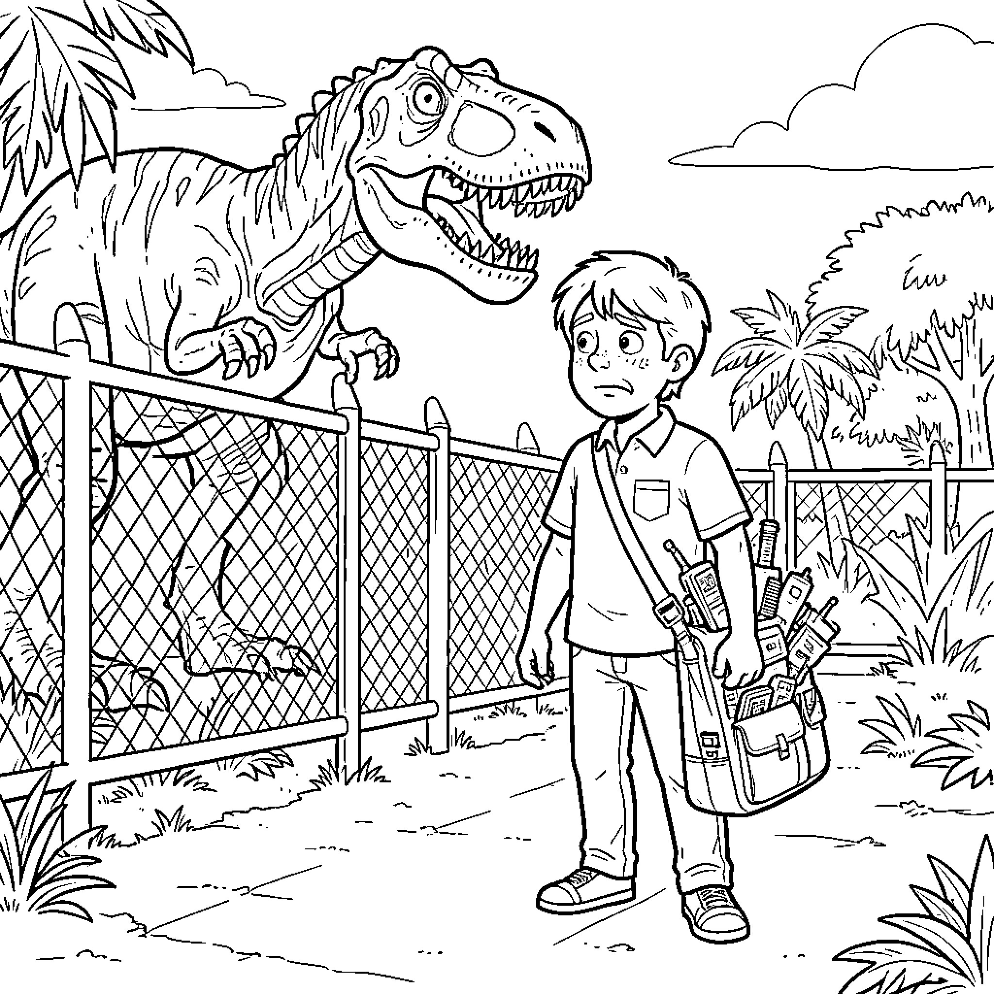 Dennis Nedry confronts a ferocious dinosaur at the park Coloring Page (free black-and-white line drawing printable PDF for all, from beginners to advanced learners, including children, teens, adults, and seniors)