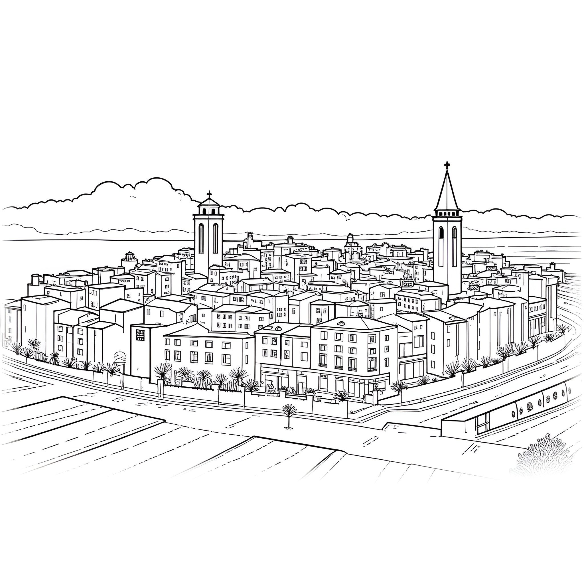 Girona cityscape with buildings and landmarks Coloring Page (free black-and-white line drawing printable PDF for all, from beginners to advanced learners, including children, teens, adults, and seniors)