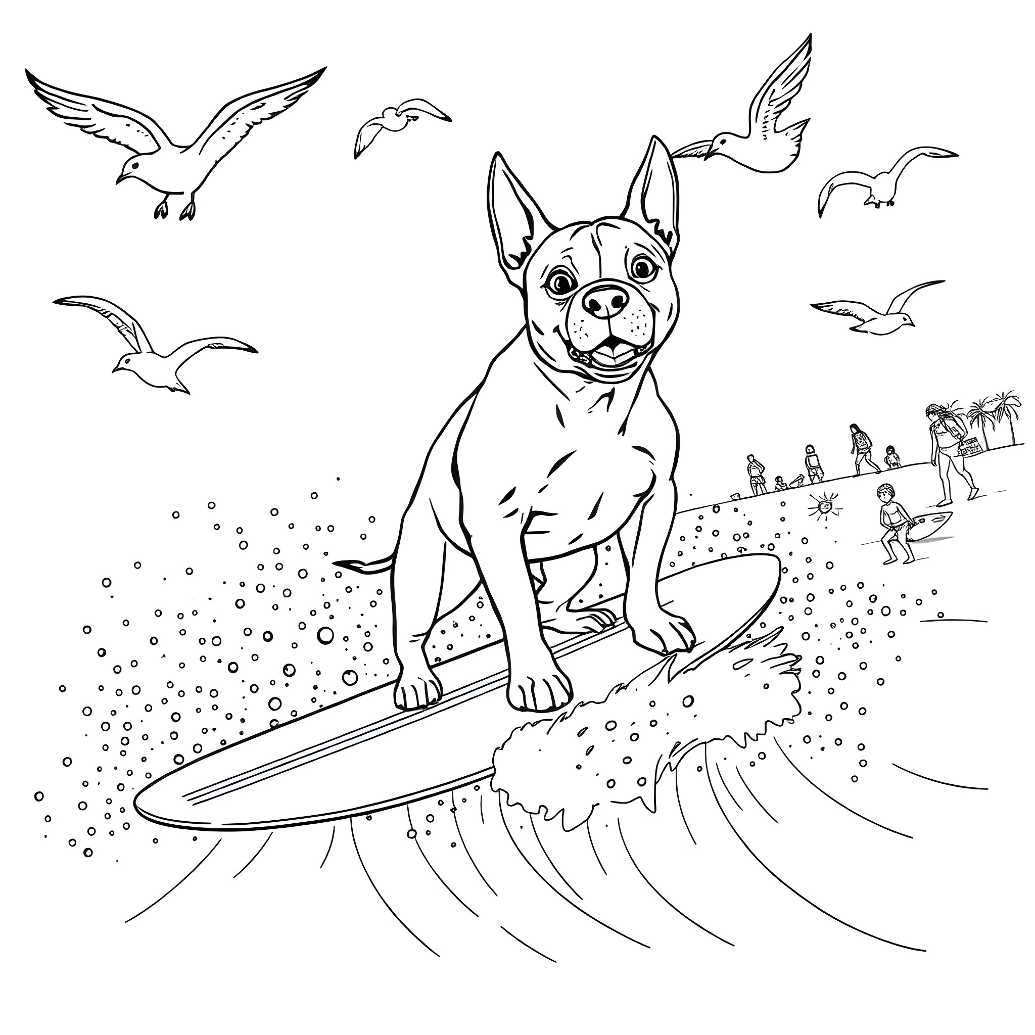 Pit Bull surfing with seagulls in the ocean Coloring Page (free black-and-white line drawing printable PDF for all, from beginners to advanced learners, including children, teens, adults, and seniors)