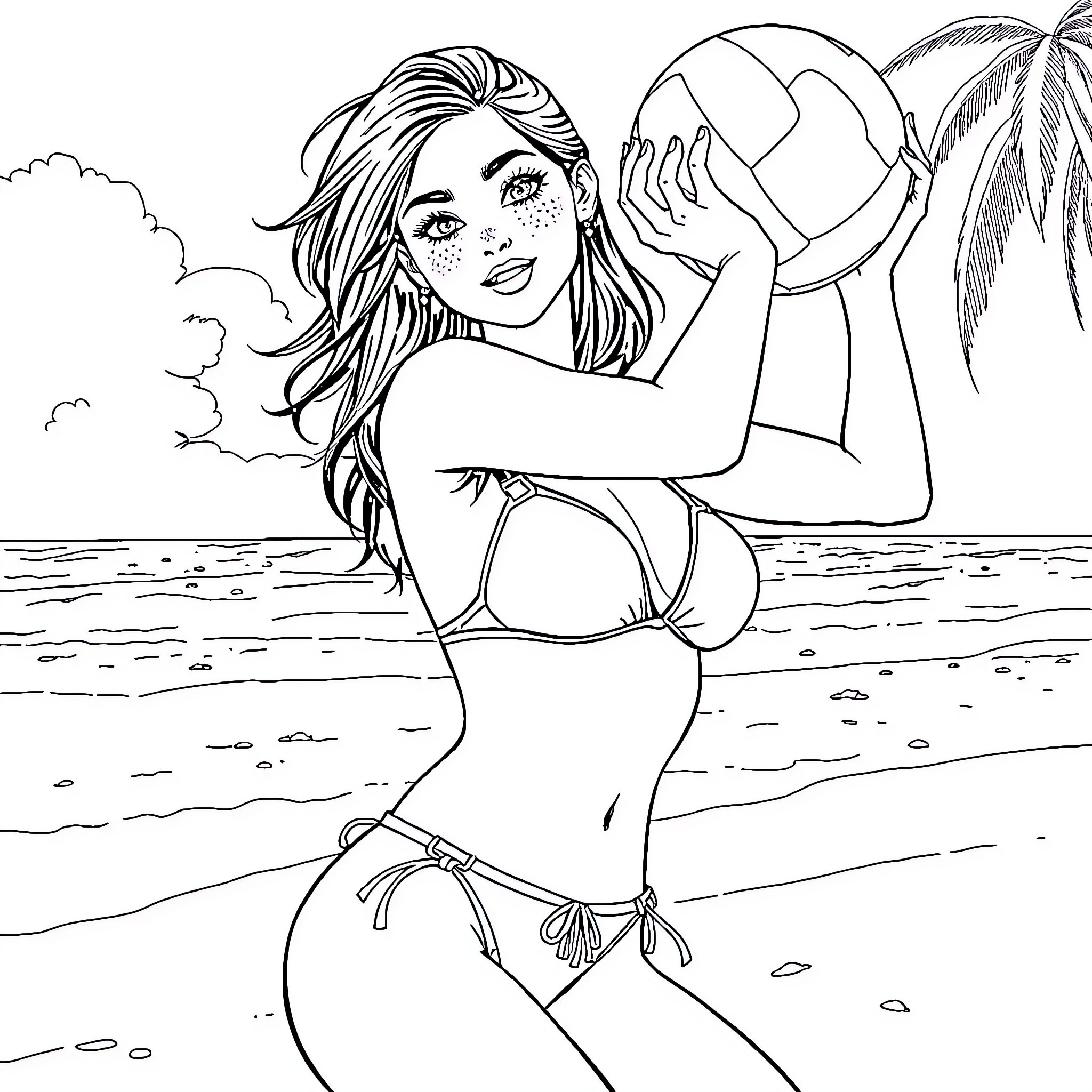 Bombshell Catching the Waves on the Beach Coloring Page (free black-and-white line drawing printable PDF for all, from beginners to advanced learners, including children, teens, adults, and seniors)