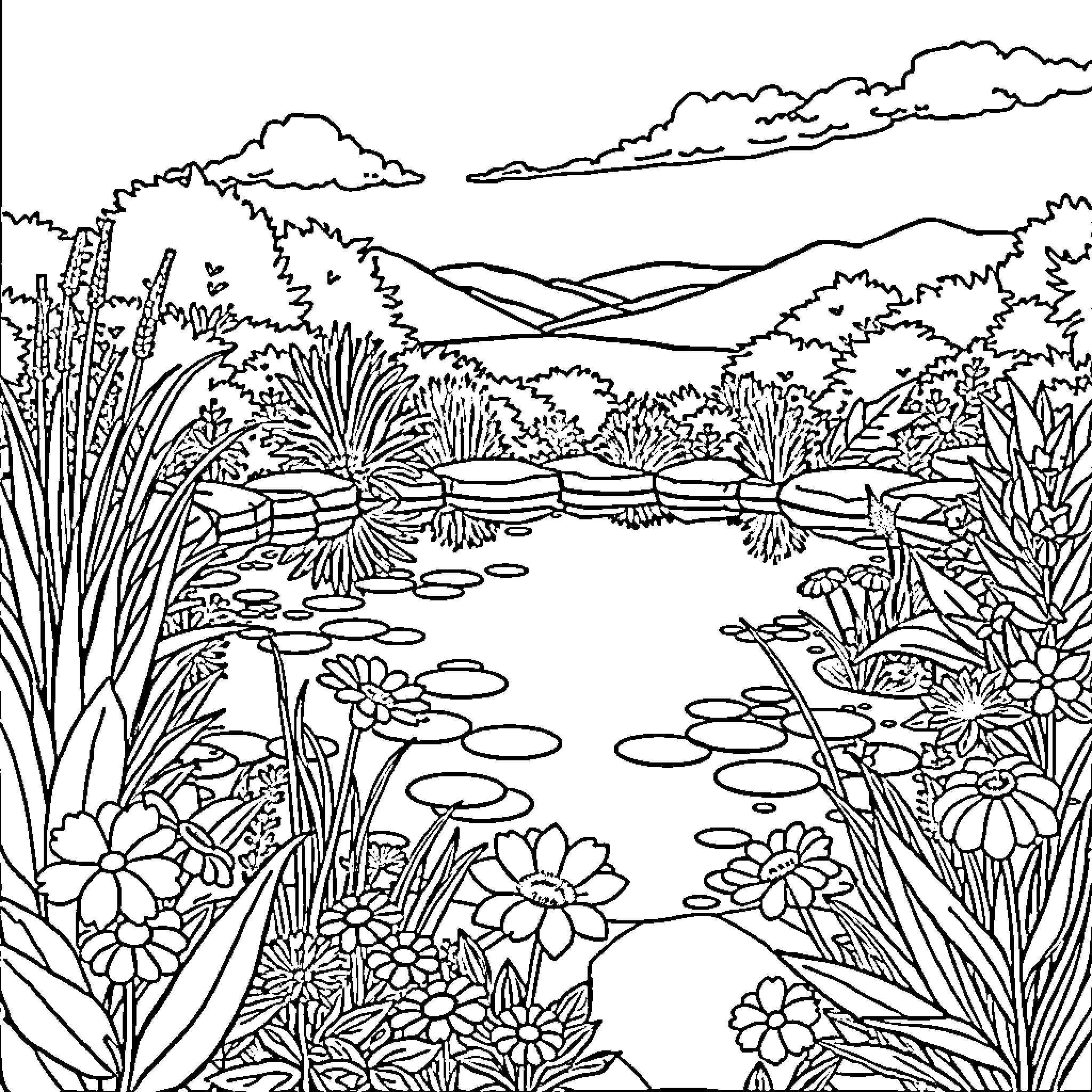 Pond in lush floral landscape with mountains Coloring Page (free black-and-white line drawing printable PDF for all, from beginners to advanced learners, including children, teens, adults, and seniors)