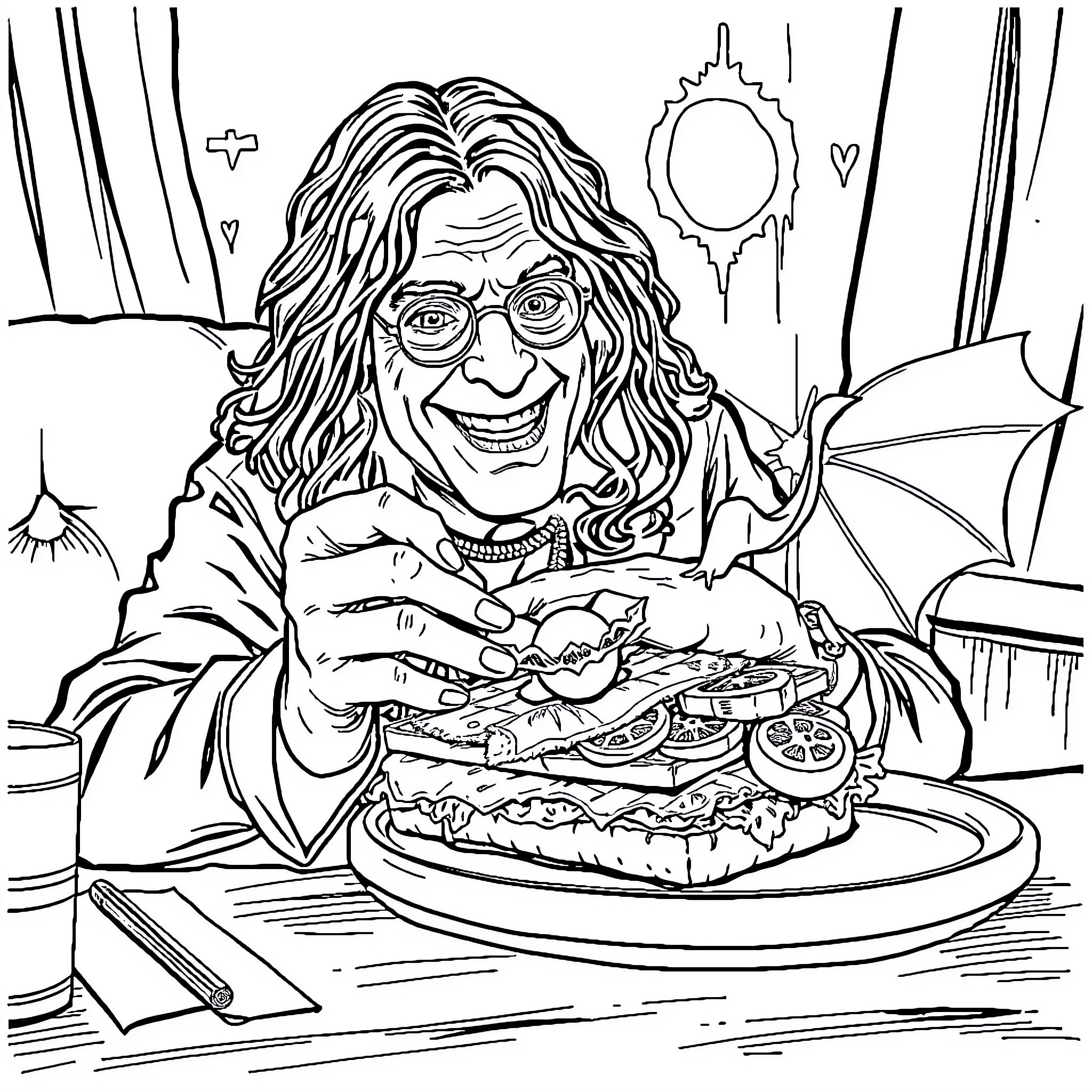 Ozzy Osbourne enjoying a hearty meal in a colorful setting Coloring Page (free black-and-white line drawing printable PDF for all, from beginners to advanced learners, including children, teens, adults, and seniors)