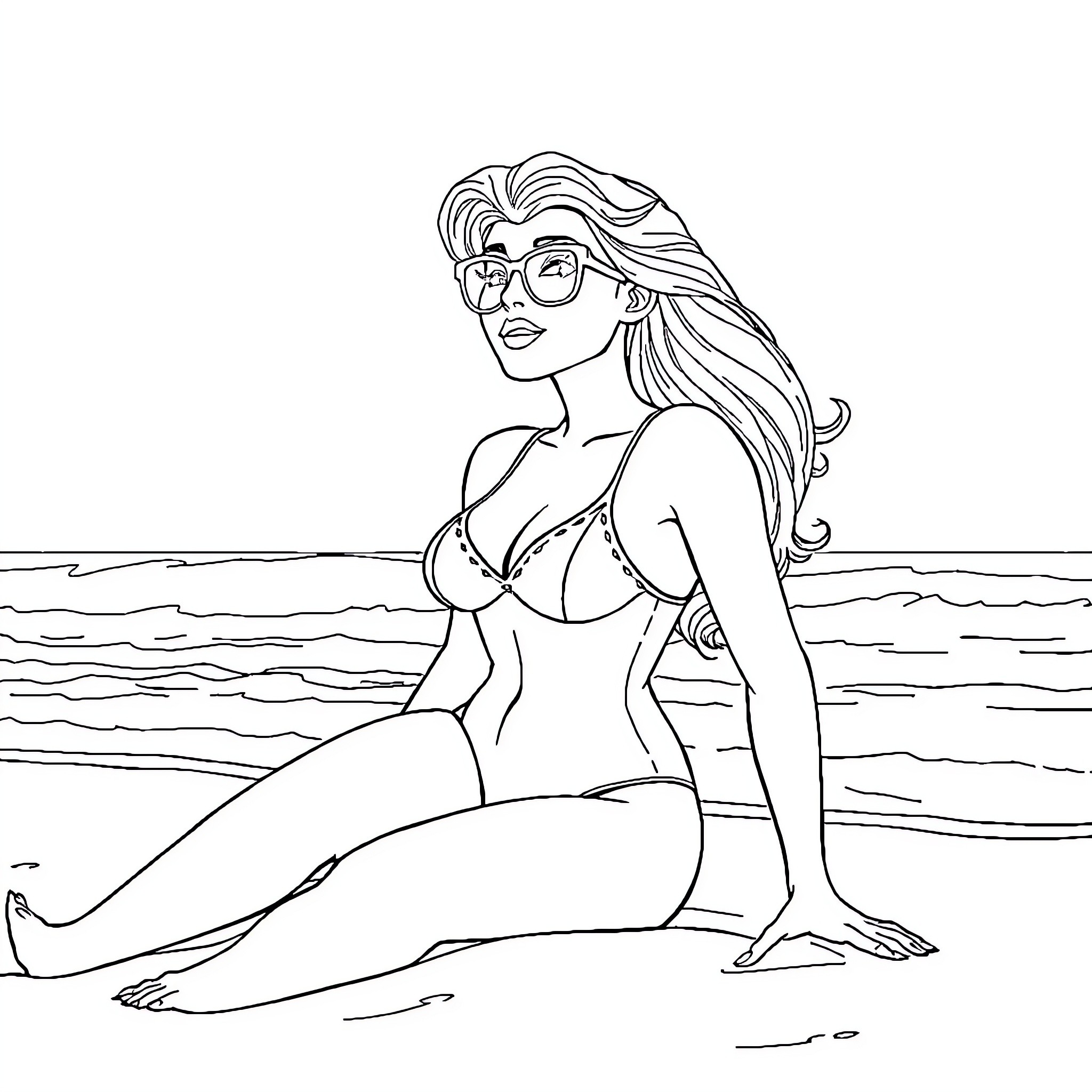 Queen relaxing on the beach Coloring Page (free black-and-white line drawing printable PDF for all, from beginners to advanced learners, including children, teens, adults, and seniors)