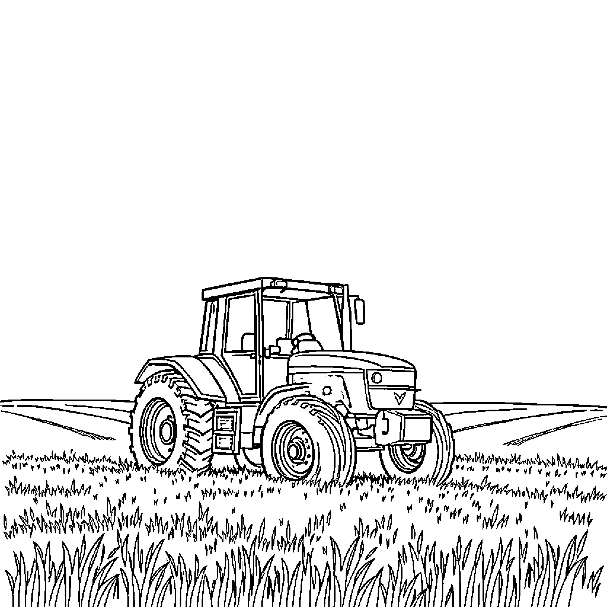 Tractor plowing through a grassy field Coloring Page (free black-and-white line drawing printable PDF for all, from beginners to advanced learners, including children, teens, adults, and seniors)