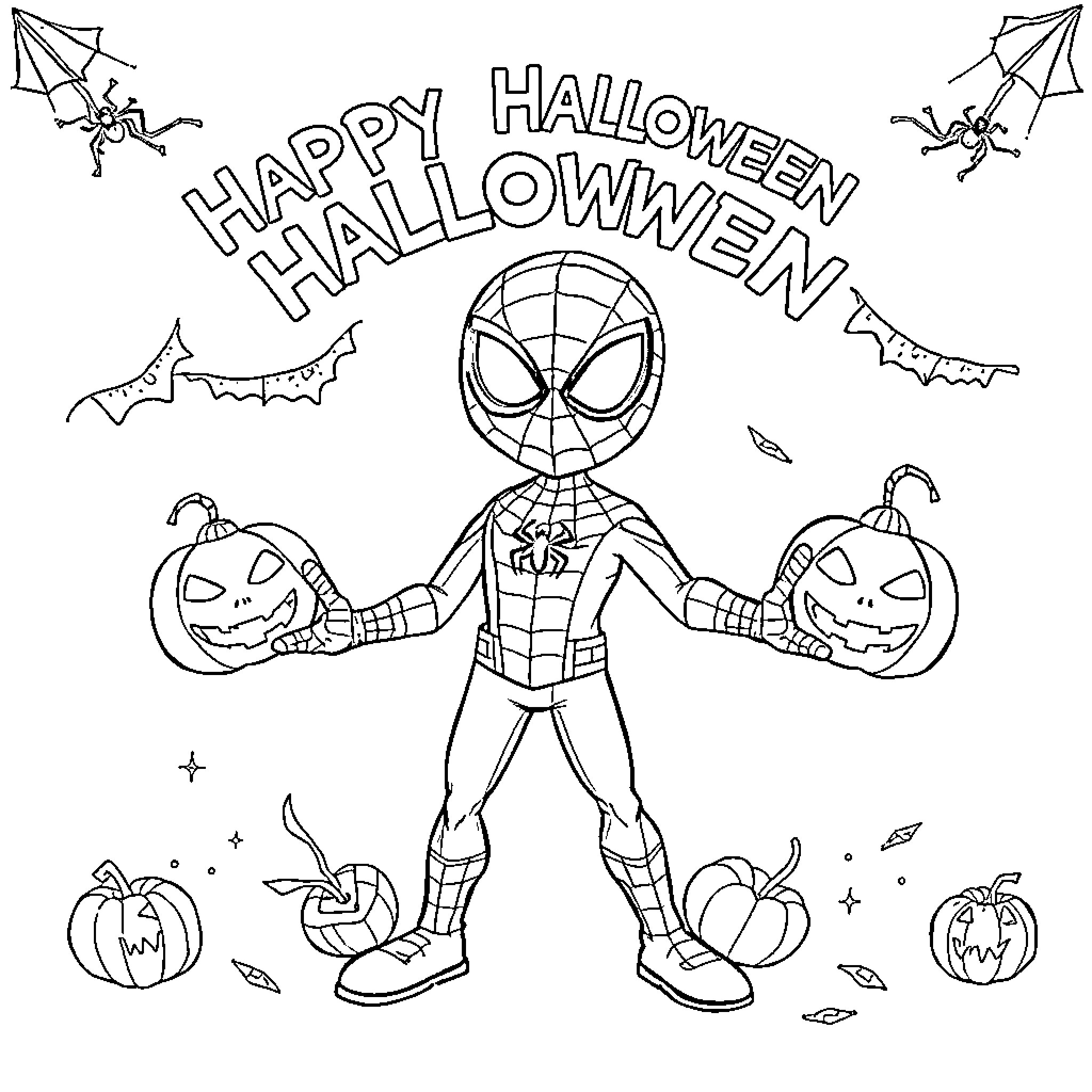 Spiderman celebrating Happy Halloween with pumpkins and bats Coloring Page (free black-and-white line drawing printable PDF for all, from beginners to advanced learners, including children, teens, adults, and seniors)
