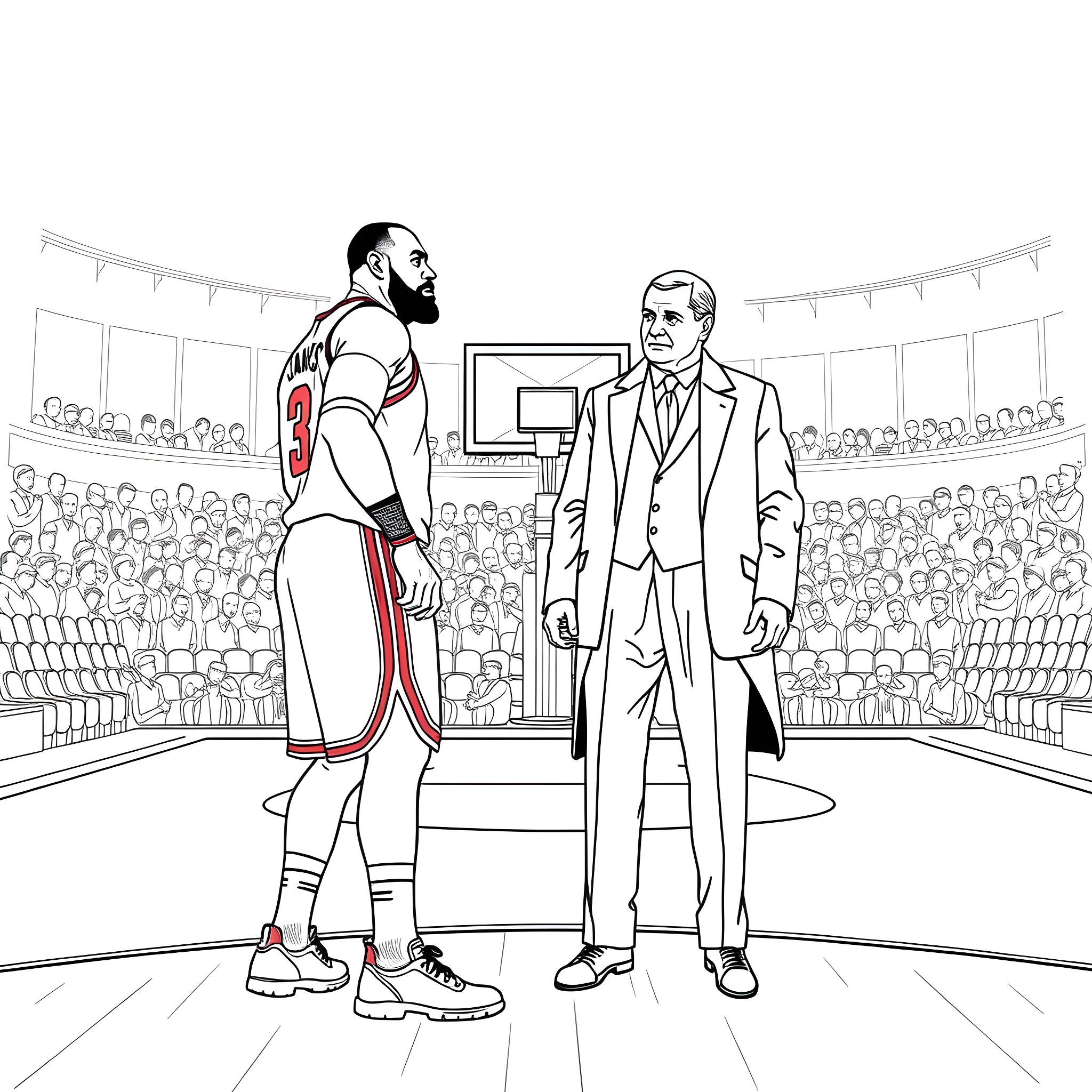 LeBron's Triumph: Athlete and Dignitary on Center Stage Coloring Page (free black-and-white line drawing printable PDF for all, from beginners to advanced learners, including children, teens, adults, and seniors)