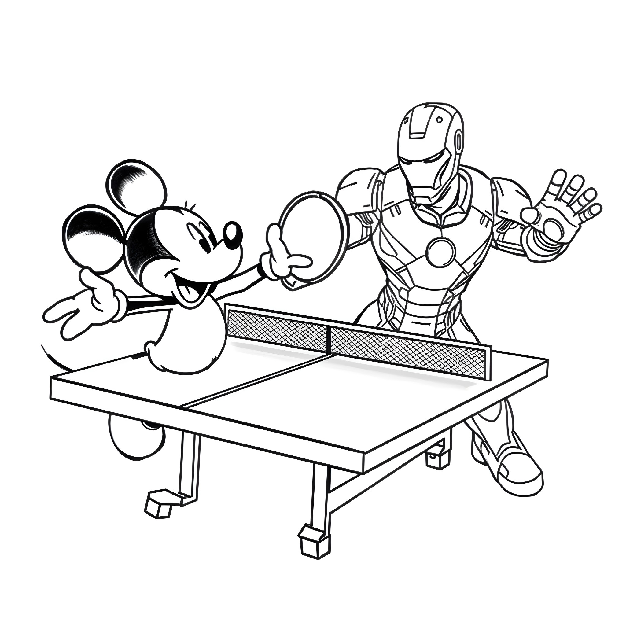 Mickey Mouse and Iron Man playing ping pong Coloring Page (free black-and-white line drawing printable PDF for all, from beginners to advanced learners, including children, teens, adults, and seniors)
