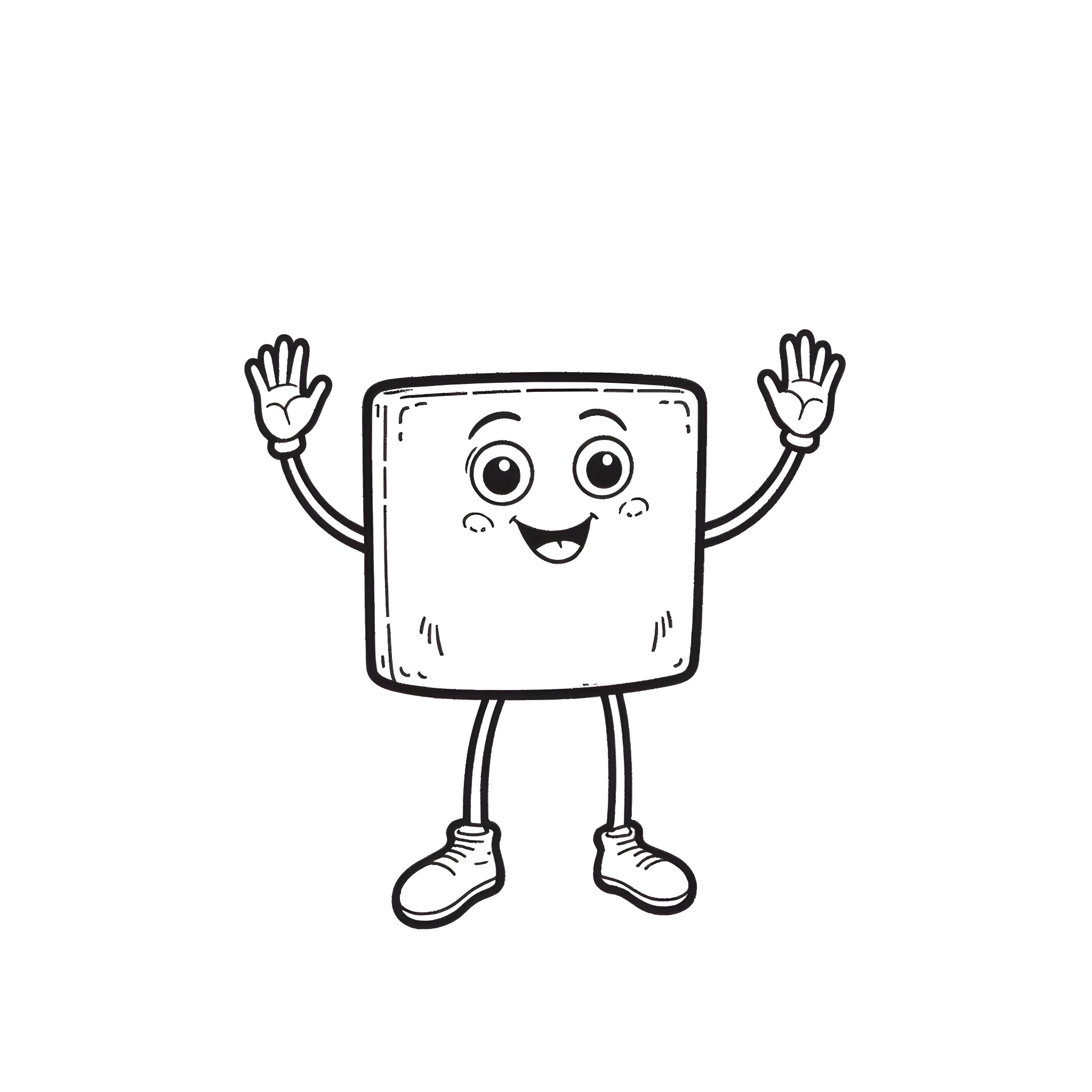 Floppy Disk Character Raising Hands Happily Coloring Page (free black-and-white line drawing printable PDF for all, from beginners to advanced learners, including children, teens, adults, and seniors)