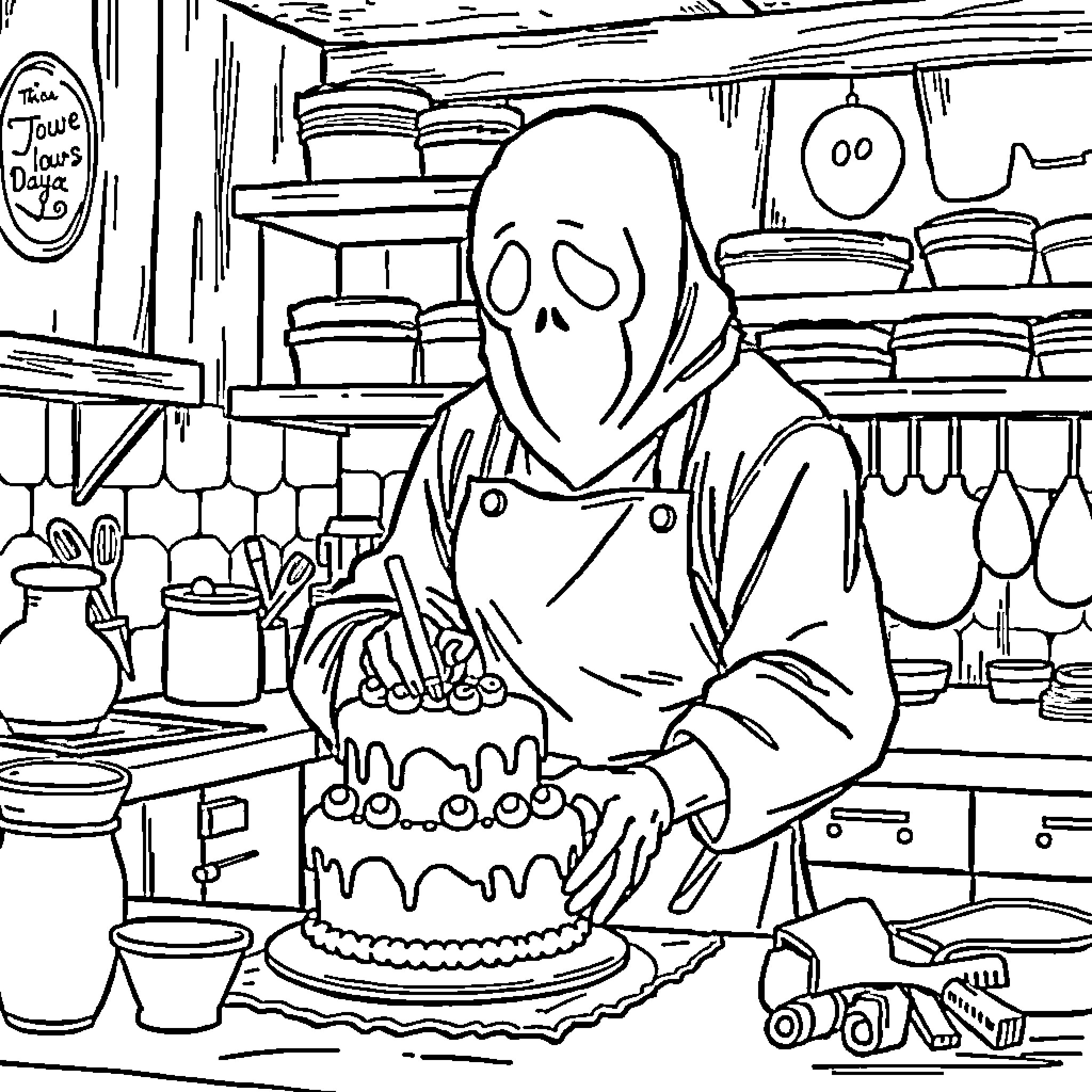 Ghostface Baking a Mysterious Cake in the Kitchen Coloring Page (free black-and-white line drawing printable PDF for all, from beginners to advanced learners, including children, teens, adults, and seniors)