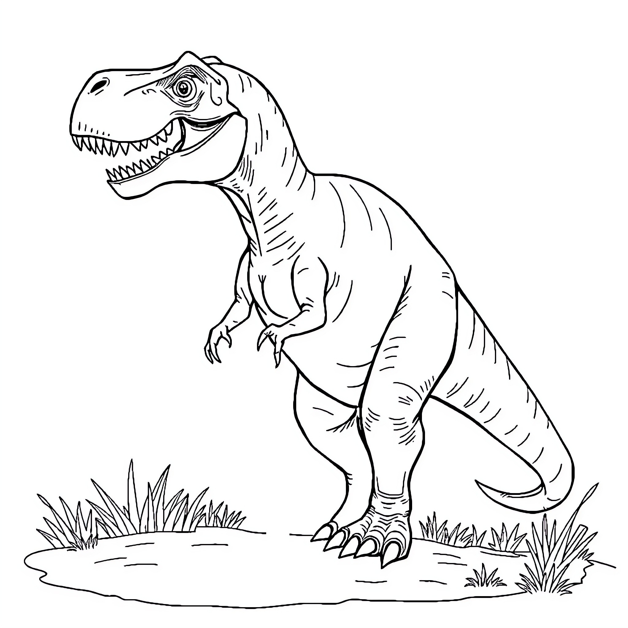 Dinosaur stomping through the wilderness Coloring Page (free black-and-white line drawing printable PDF for all, from beginners to advanced learners, including children, teens, adults, and seniors)