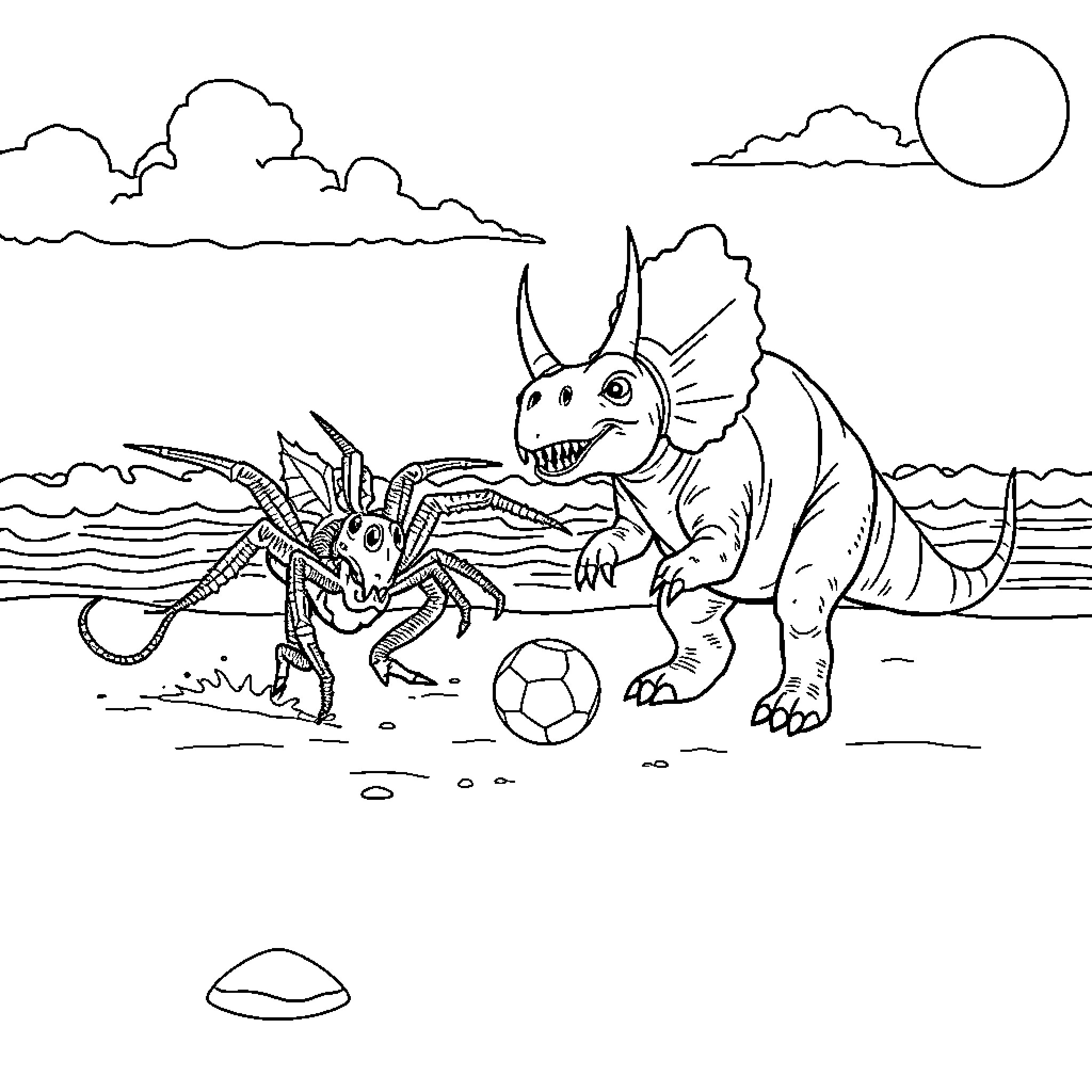 Tarantula playing with dinosaur on beach Coloring Page (free black-and-white line drawing printable PDF for all, from beginners to advanced learners, including children, teens, adults, and seniors)