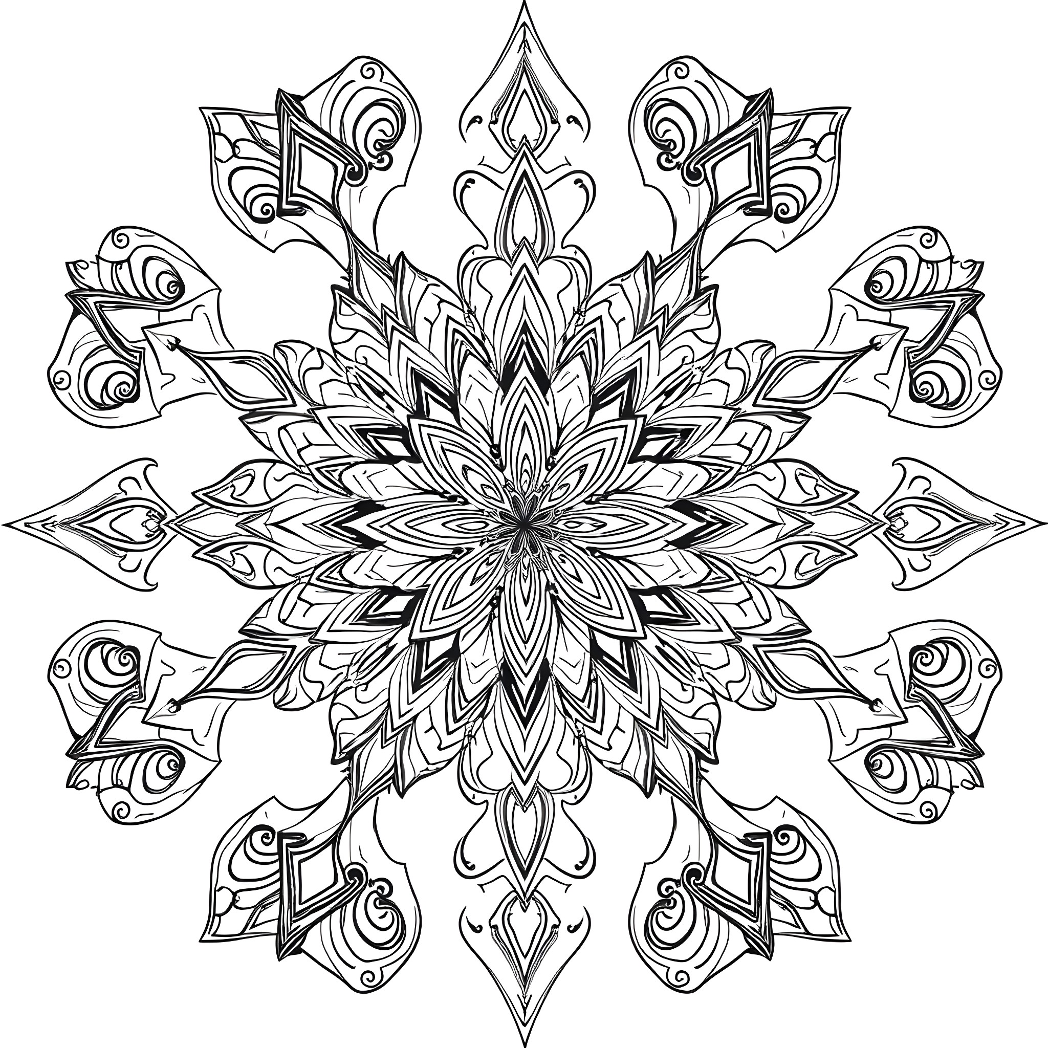 Pattern of intricate floral design with symmetrical elements Coloring Page (free black-and-white line drawing printable PDF for all, from beginners to advanced learners, including children, teens, adults, and seniors)