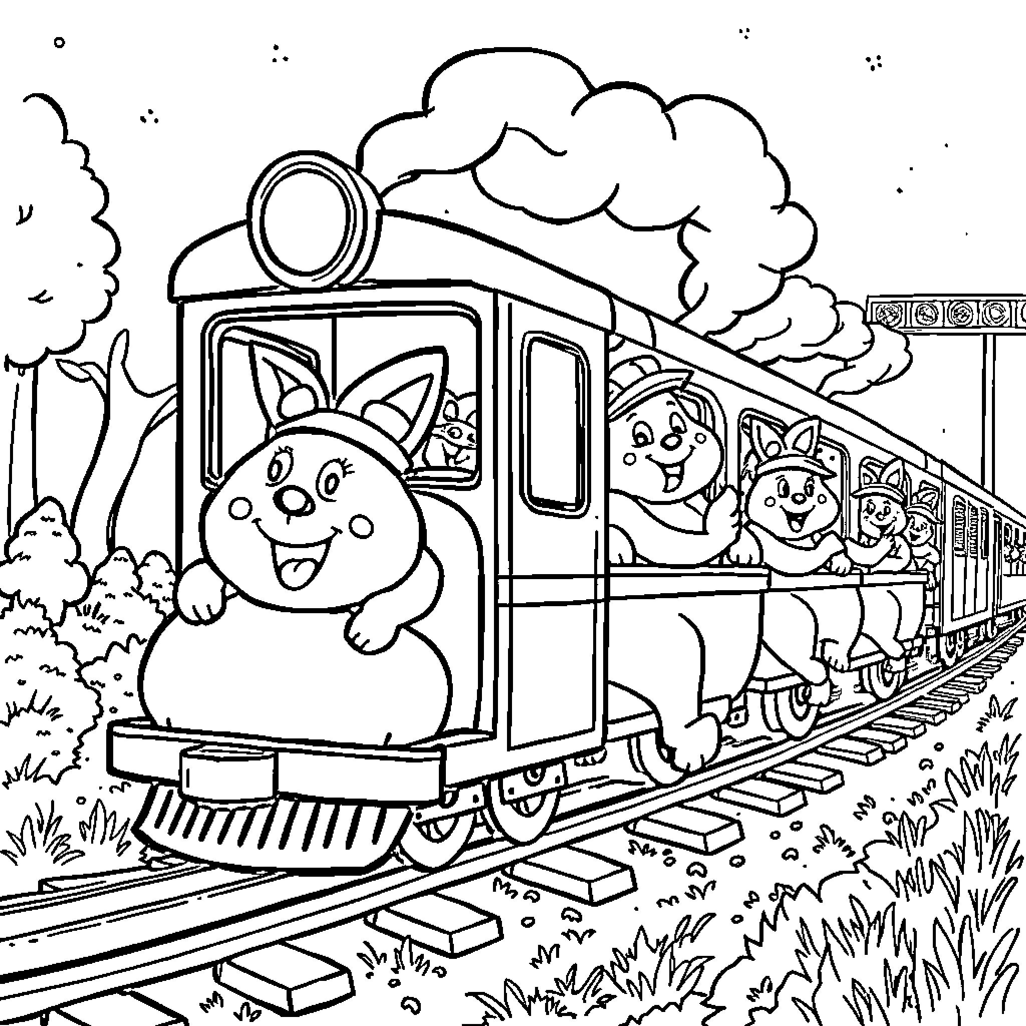 Pat Patrol pups ride train through scenic landscape Coloring Page (free black-and-white line drawing printable PDF for all, from beginners to advanced learners, including children, teens, adults, and seniors)