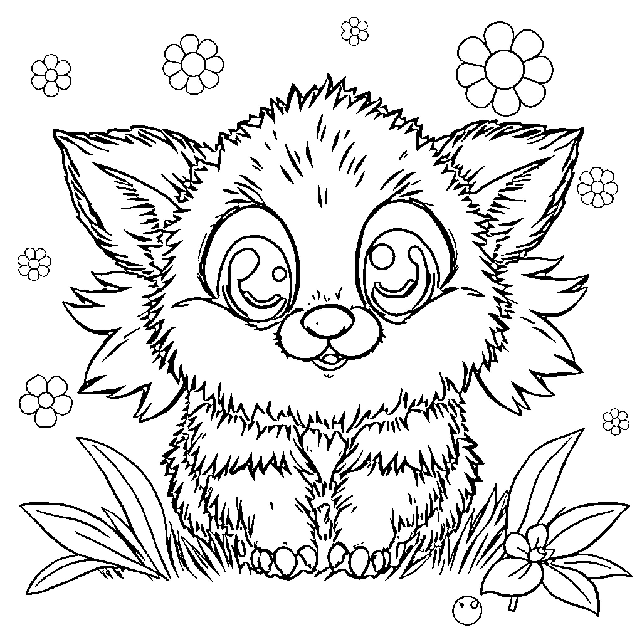 Labubu's Playful Floral Encounter Coloring Page (free black-and-white line drawing printable PDF for all, from beginners to advanced learners, including children, teens, adults, and seniors)