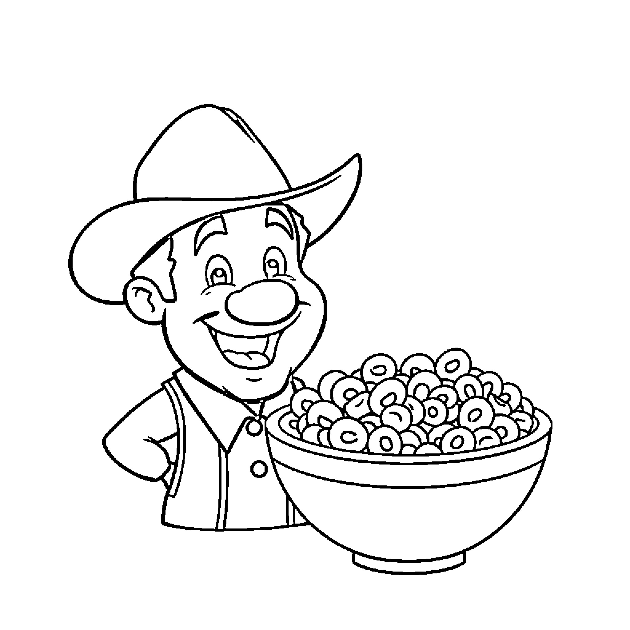 Sam Houston serving up a bowl of cereal Coloring Page (free black-and-white line drawing printable PDF for all, from beginners to advanced learners, including children, teens, adults, and seniors)