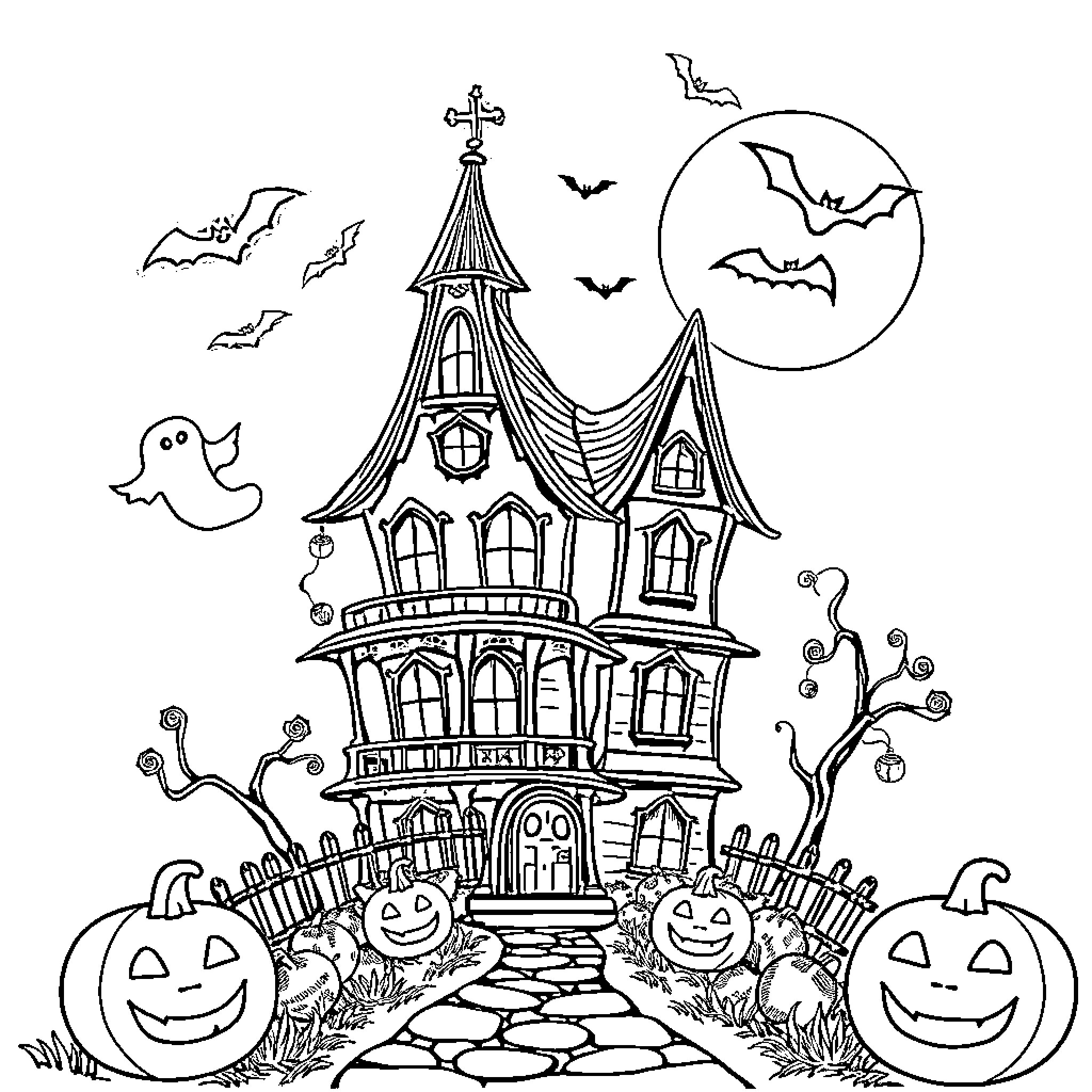Haunted House with Eerie Decorations and Creatures Coloring Page (free black-and-white line drawing printable PDF for all, from beginners to advanced learners, including children, teens, adults, and seniors)