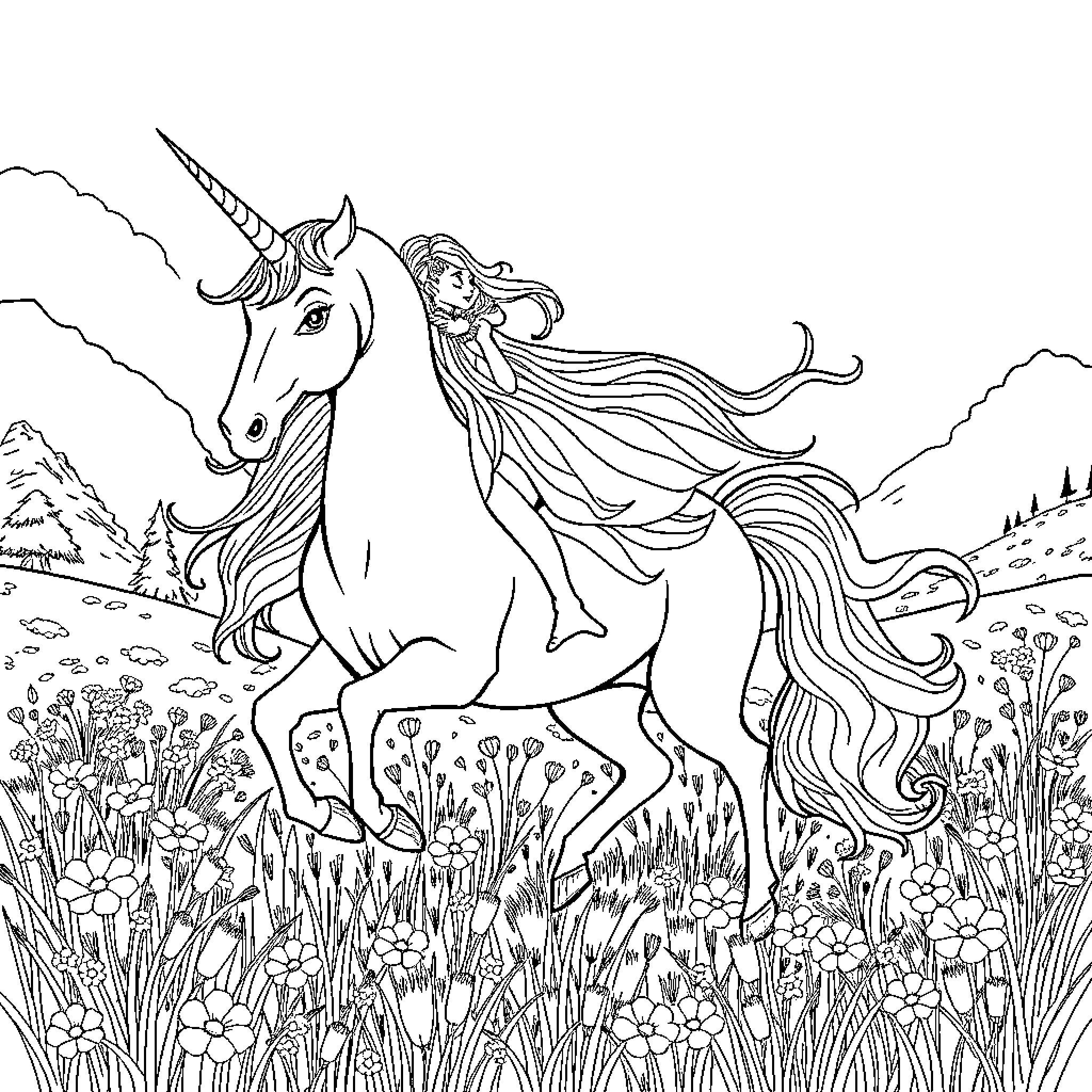 Elpheba's Magical Encounter with the Unicorn in the Enchanted Forest Coloring Page (free black-and-white line drawing printable PDF for all, from beginners to advanced learners, including children, teens, adults, and seniors)