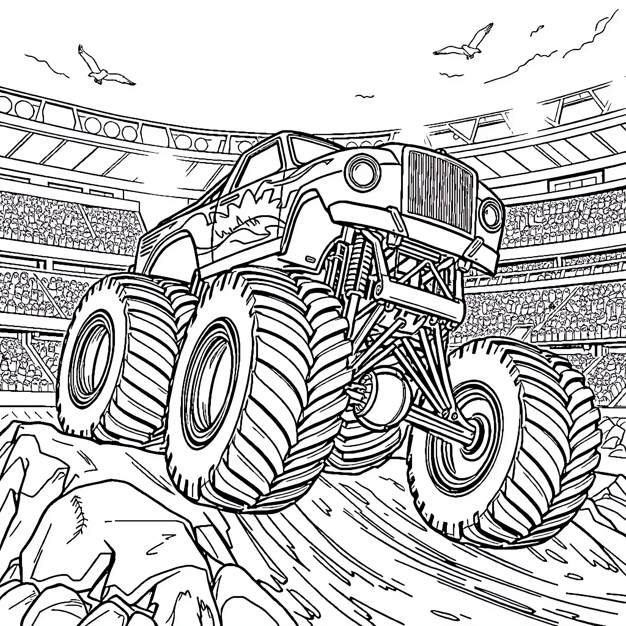 Truck Monster Crushing Obstacles in Stadium Coloring Page (free black-and-white line drawing printable PDF for all, from beginners to advanced learners, including children, teens, adults, and seniors)