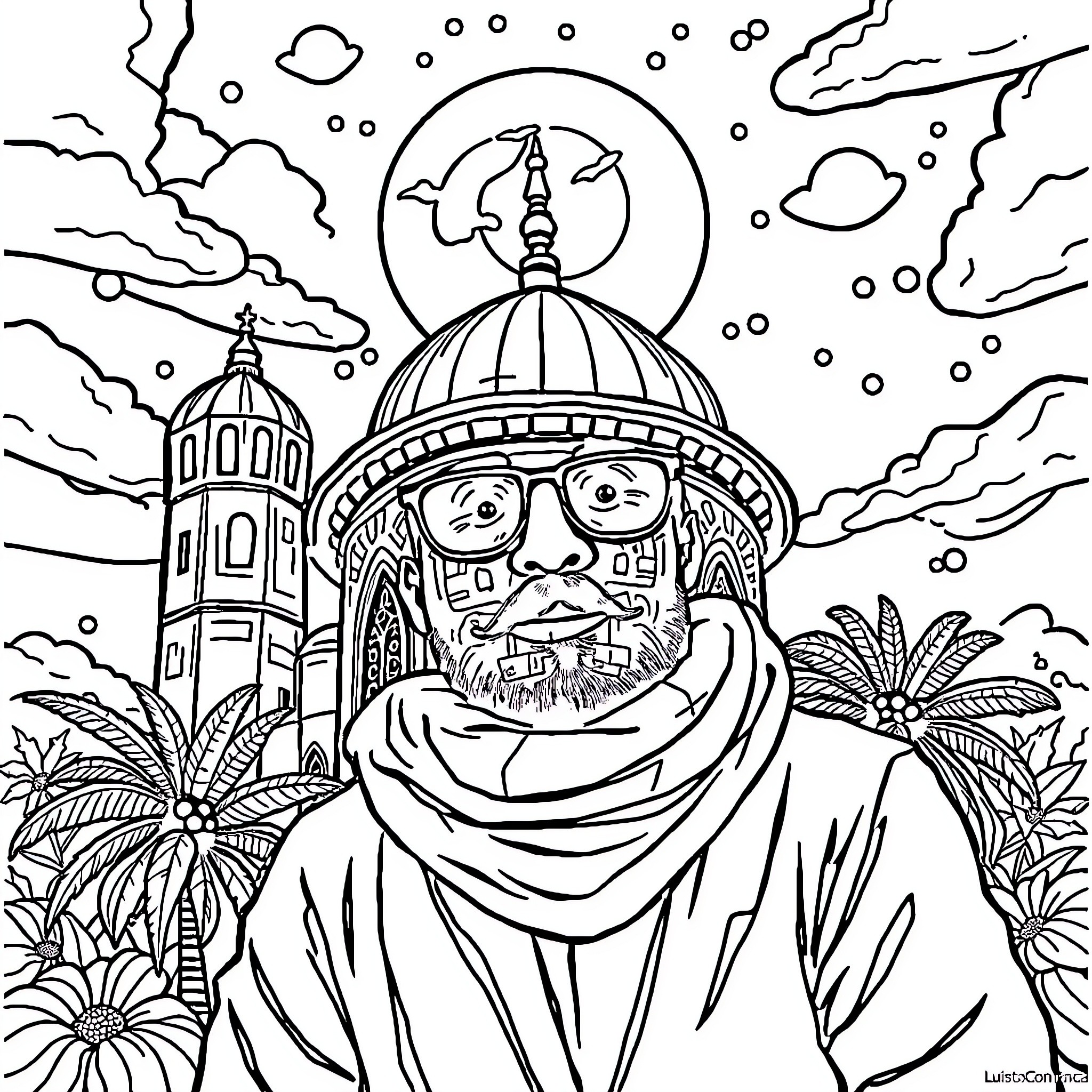 Luisito Comunica Exploring a Mystical Landscape Coloring Page (free black-and-white line drawing printable PDF for all, from beginners to advanced learners, including children, teens, adults, and seniors)