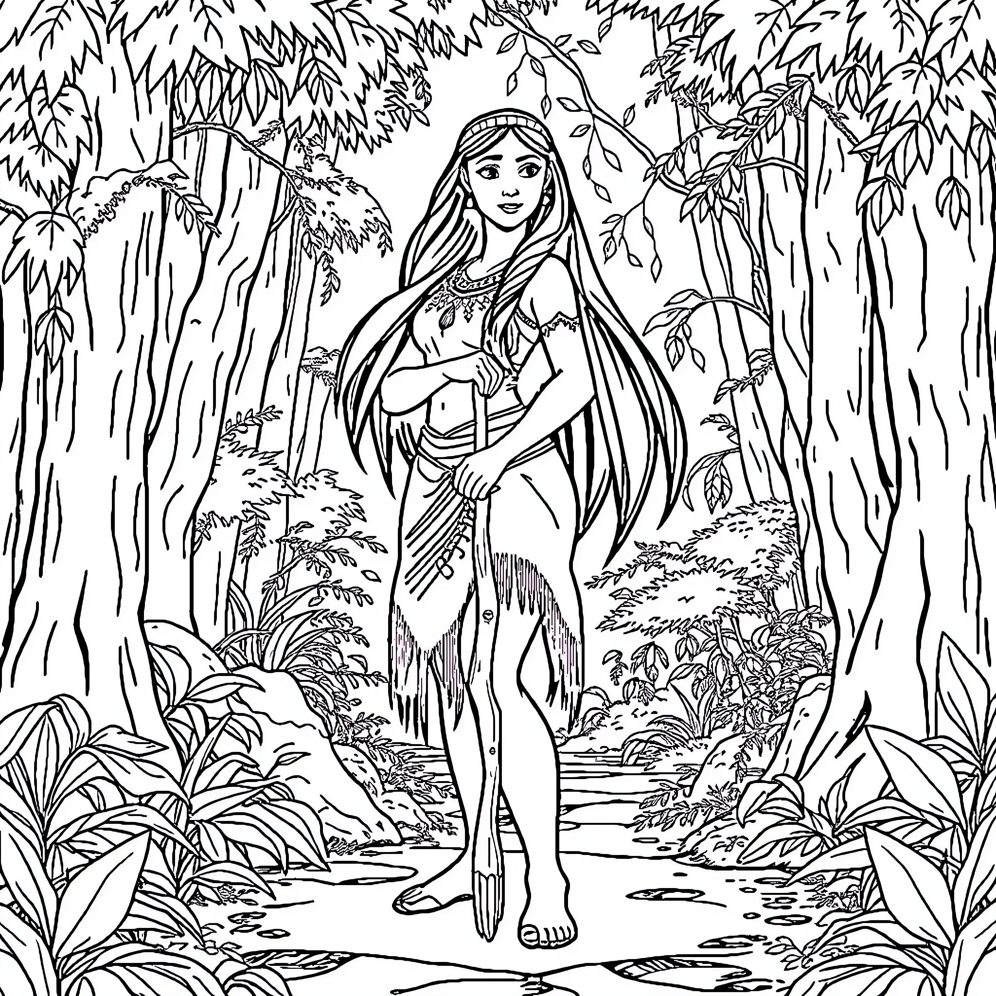 Pocahontas exploring the enchanting forest Coloring Page (free black-and-white line drawing printable PDF for all, from beginners to advanced learners, including children, teens, adults, and seniors)