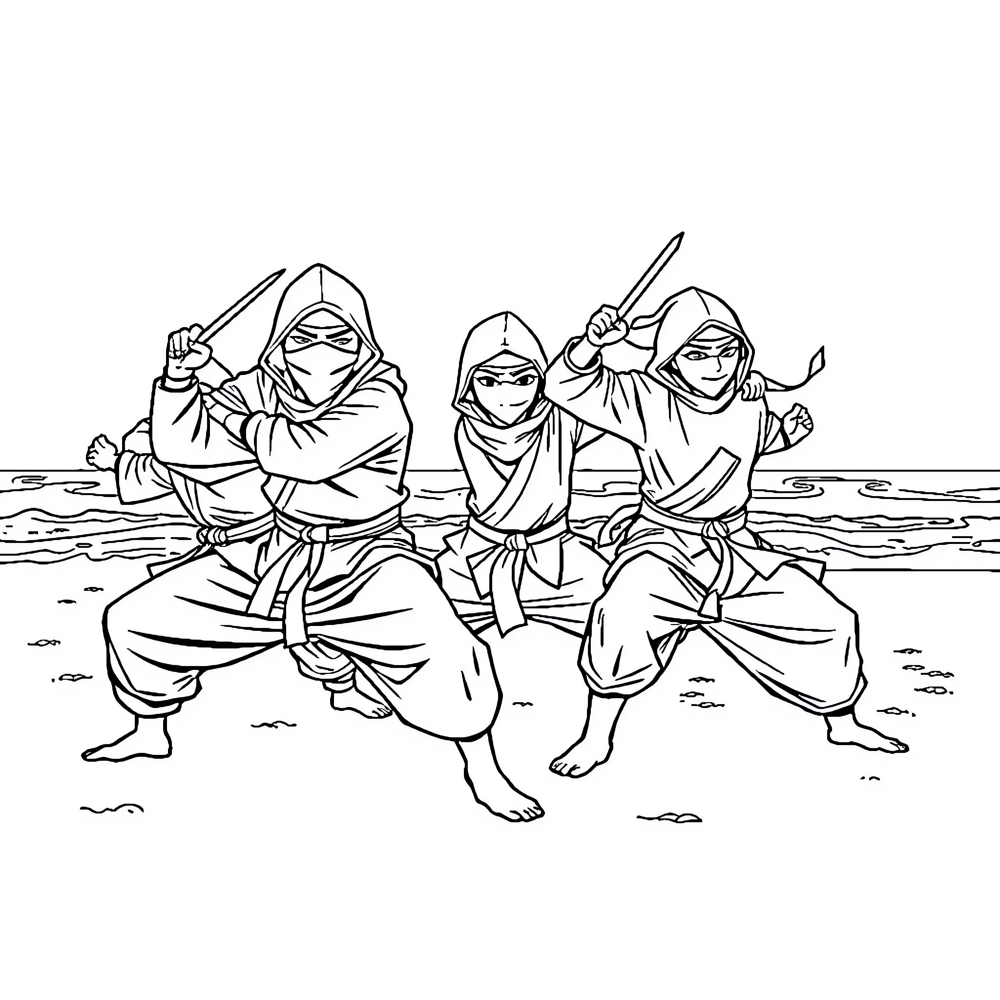 Ninja warriors demonstrating combat skills Coloring Page (free black-and-white line drawing printable PDF for all, from beginners to advanced learners, including children, teens, adults, and seniors)